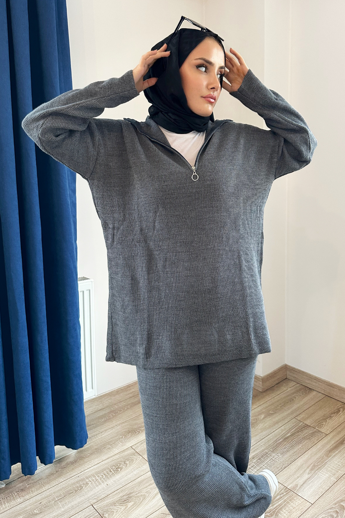 Premium Fermuarlı Triko Takım GRİ