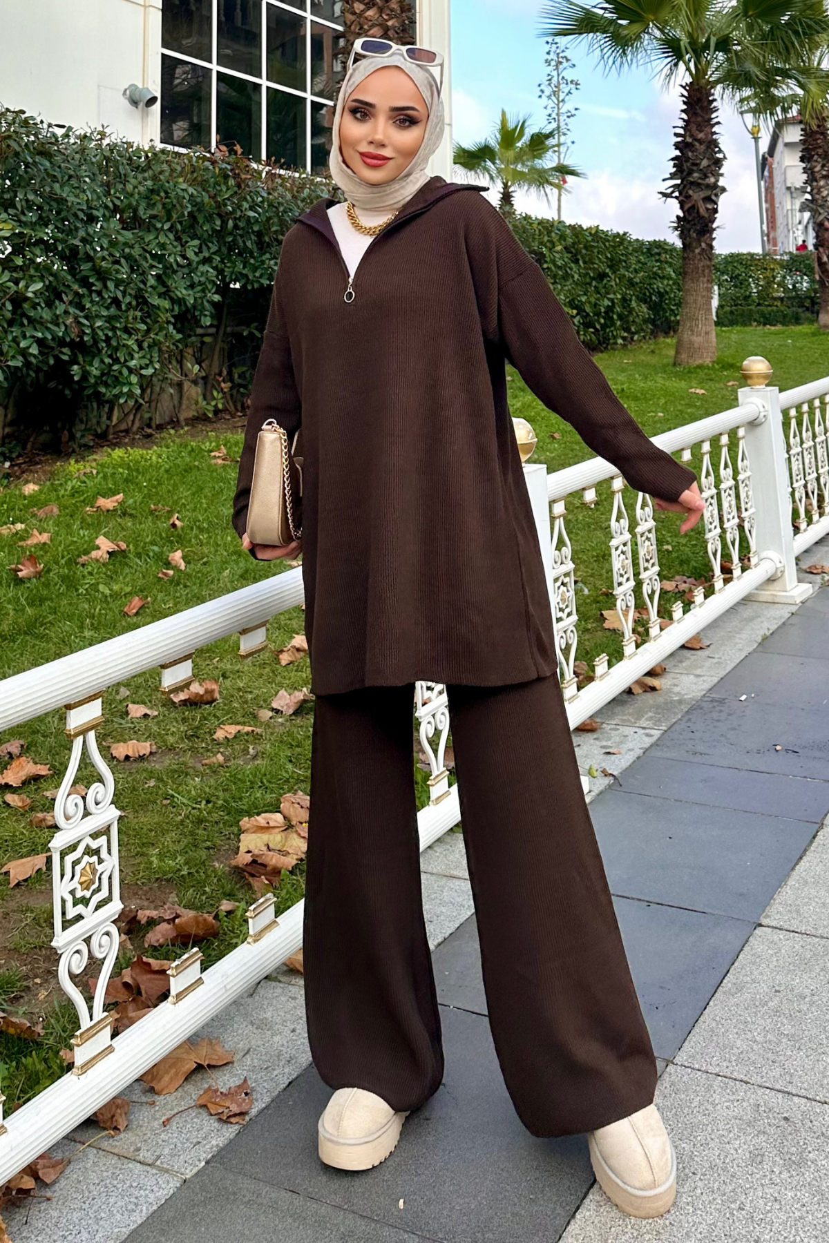 Premium Fermuarlı Triko Takım KAHVE