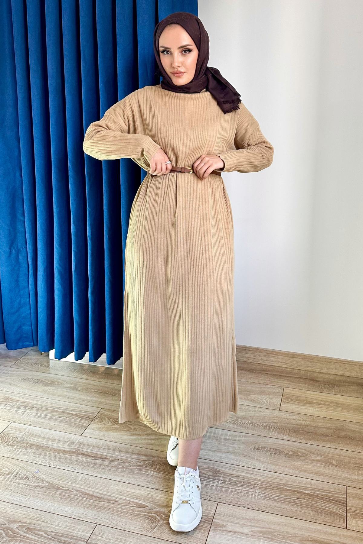 Premium Fitilli Triko Elbise CAMEL