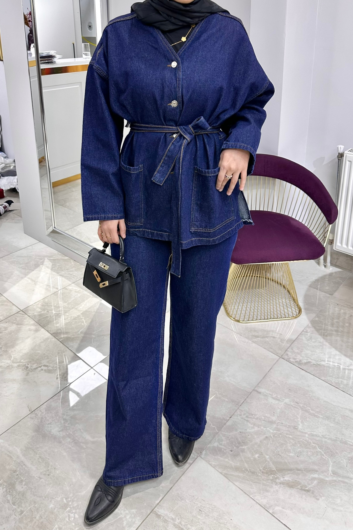 V Yaka Kuşaklı Denim Takım