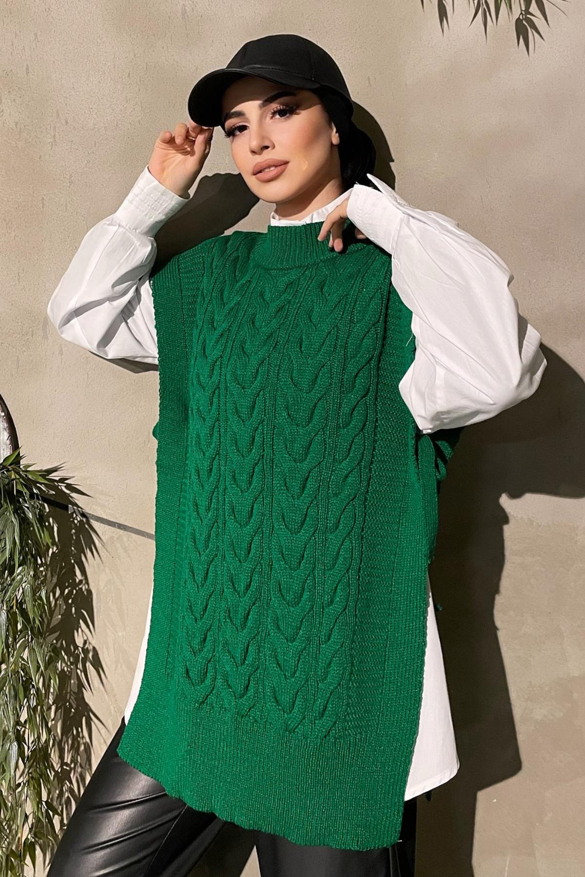 Yanı Bağcıklı Triko Süveter YEŞİL