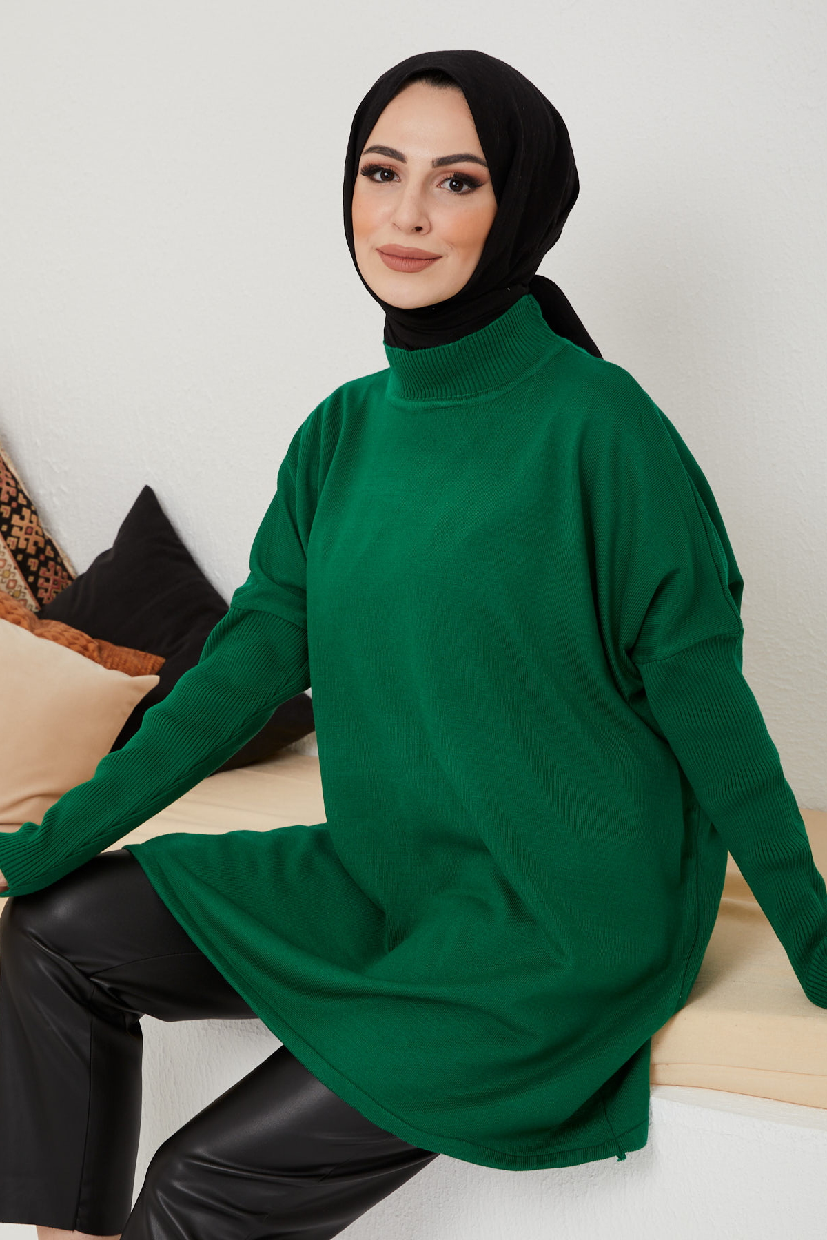 Yarım Boğazlı Panço Kazak YEŞİL