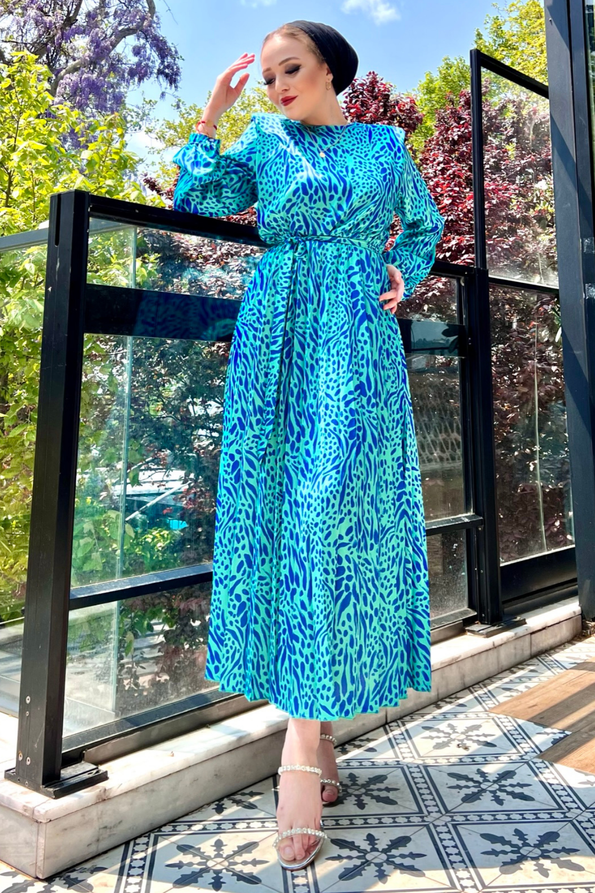 Zebra Piliseli Elbise MAVİ