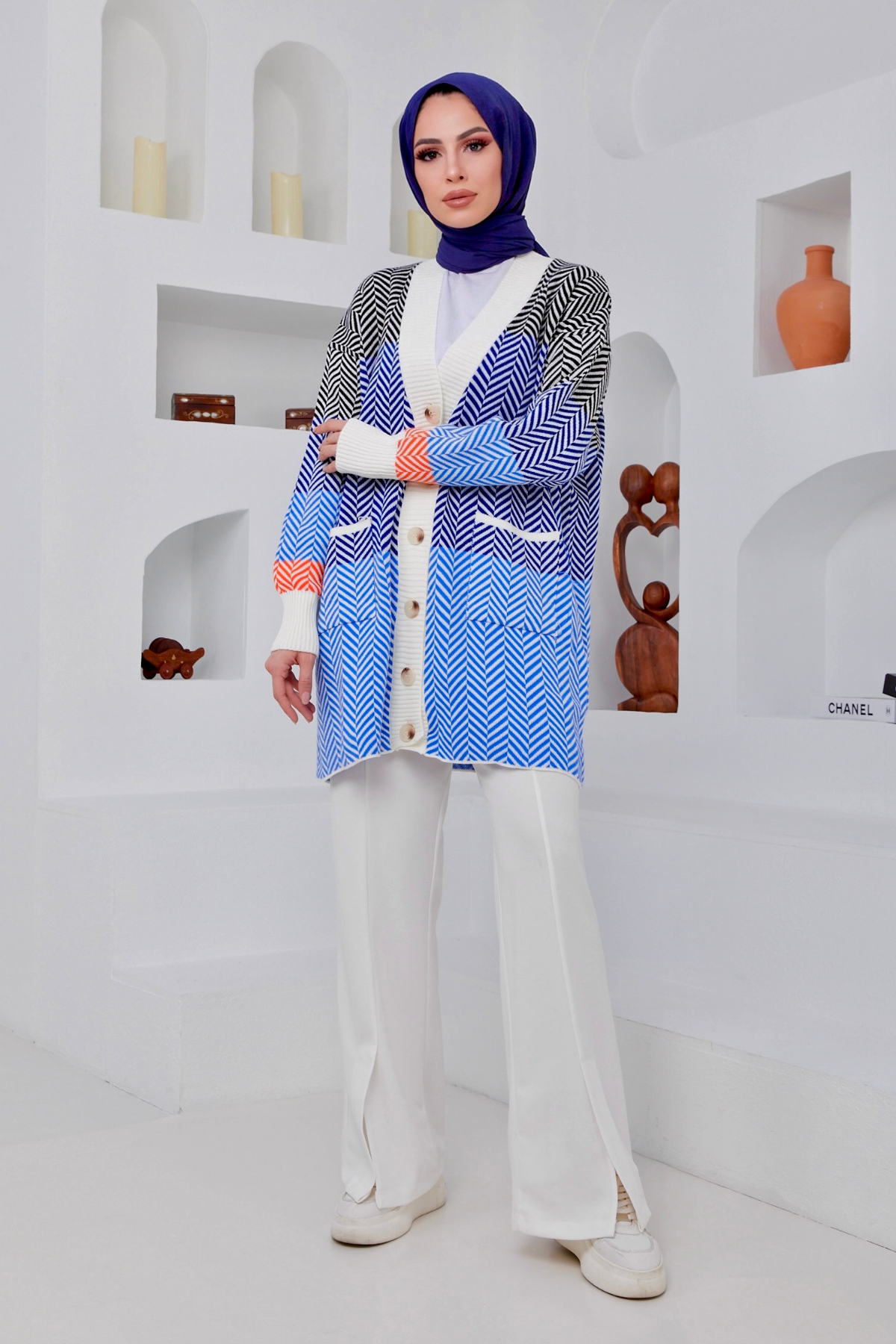 Zigzag Desen Cepli Hırka MAVİ