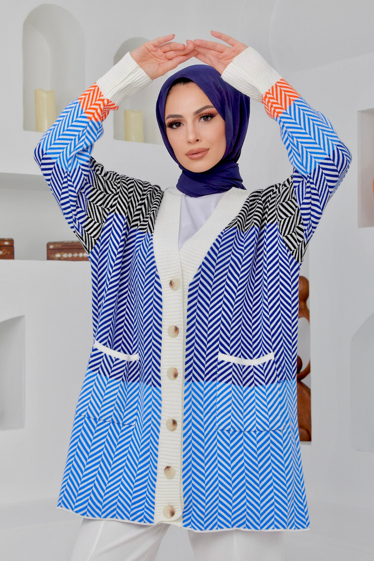 Zigzag Desen Cepli Hırka MAVİ