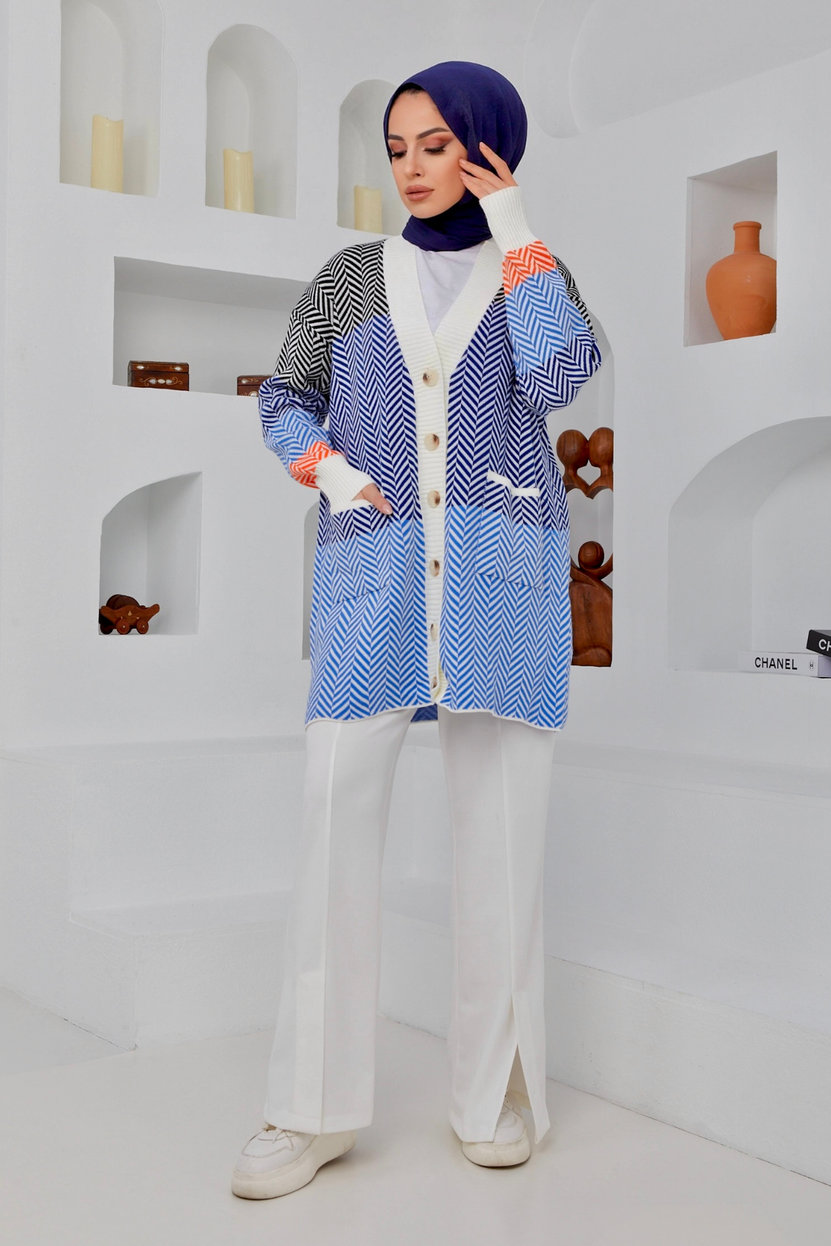 Zigzag Desen Cepli Hırka MAVİ