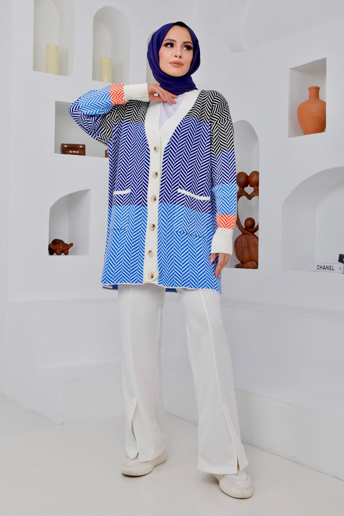 Zigzag Desen Cepli Hırka MAVİ