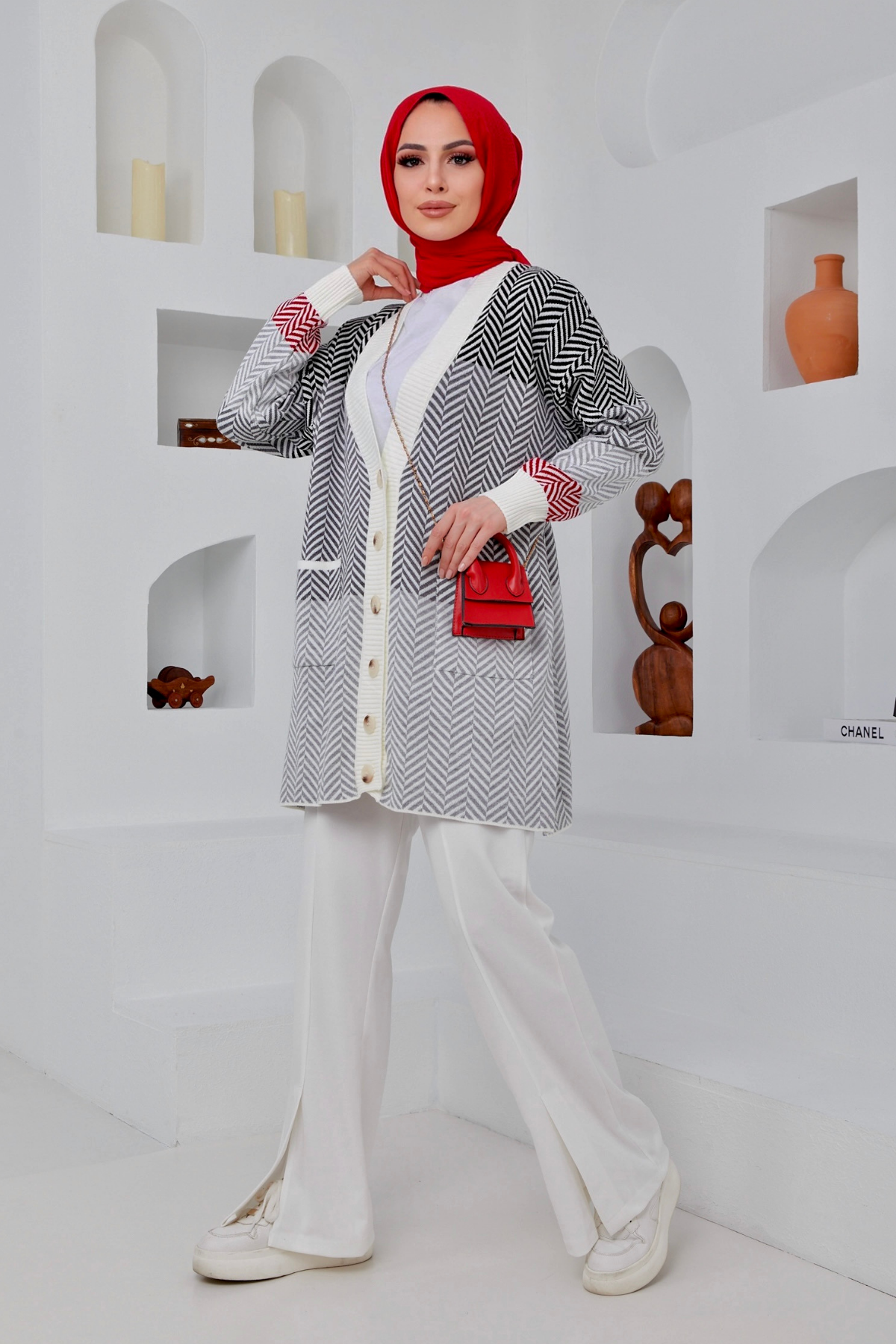 Zigzag Desen Cepli Hırka SİYAH