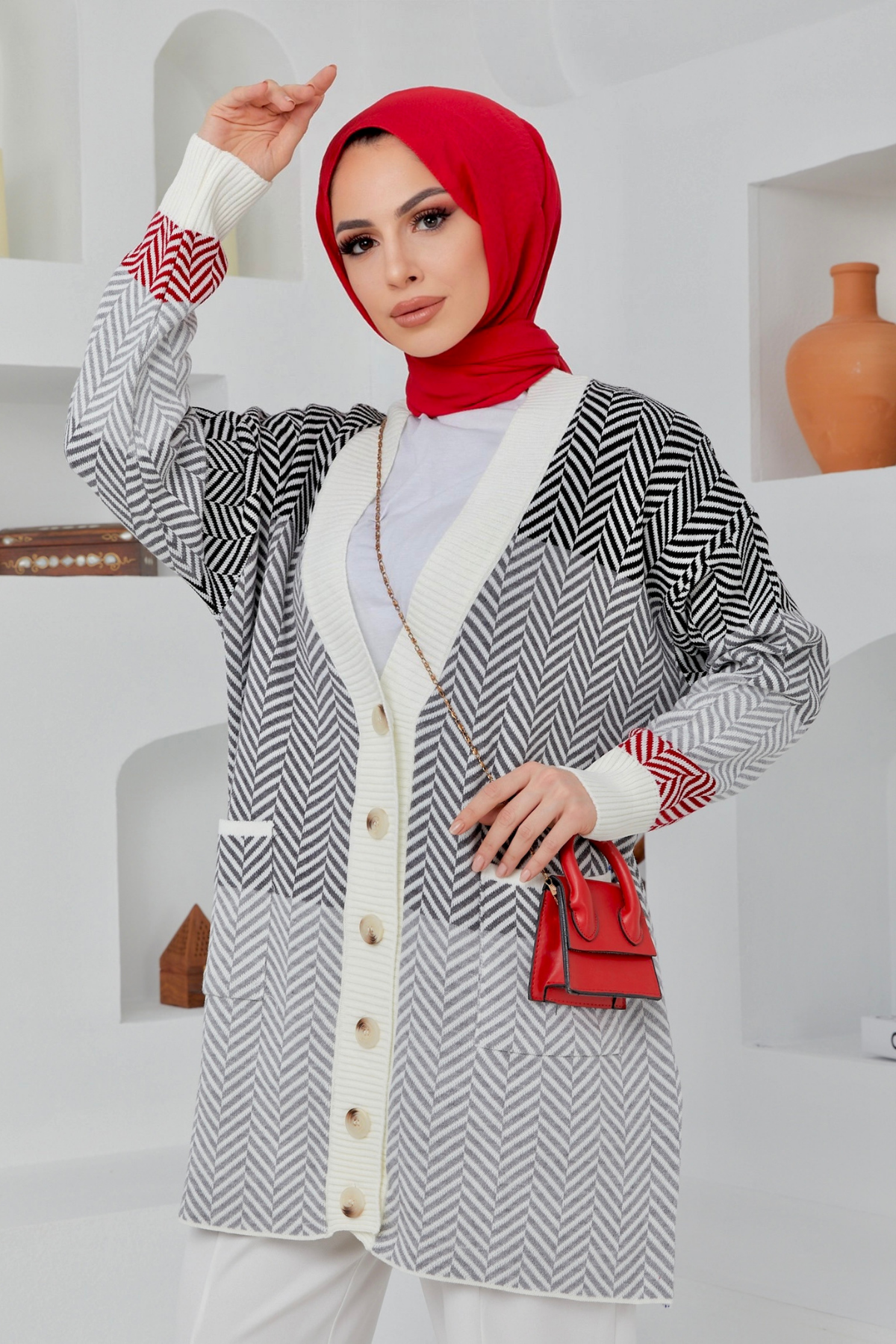Zigzag Desen Cepli Hırka SİYAH