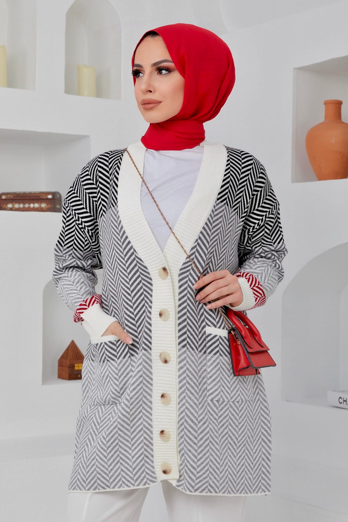 Zigzag Desen Cepli Hırka SİYAH