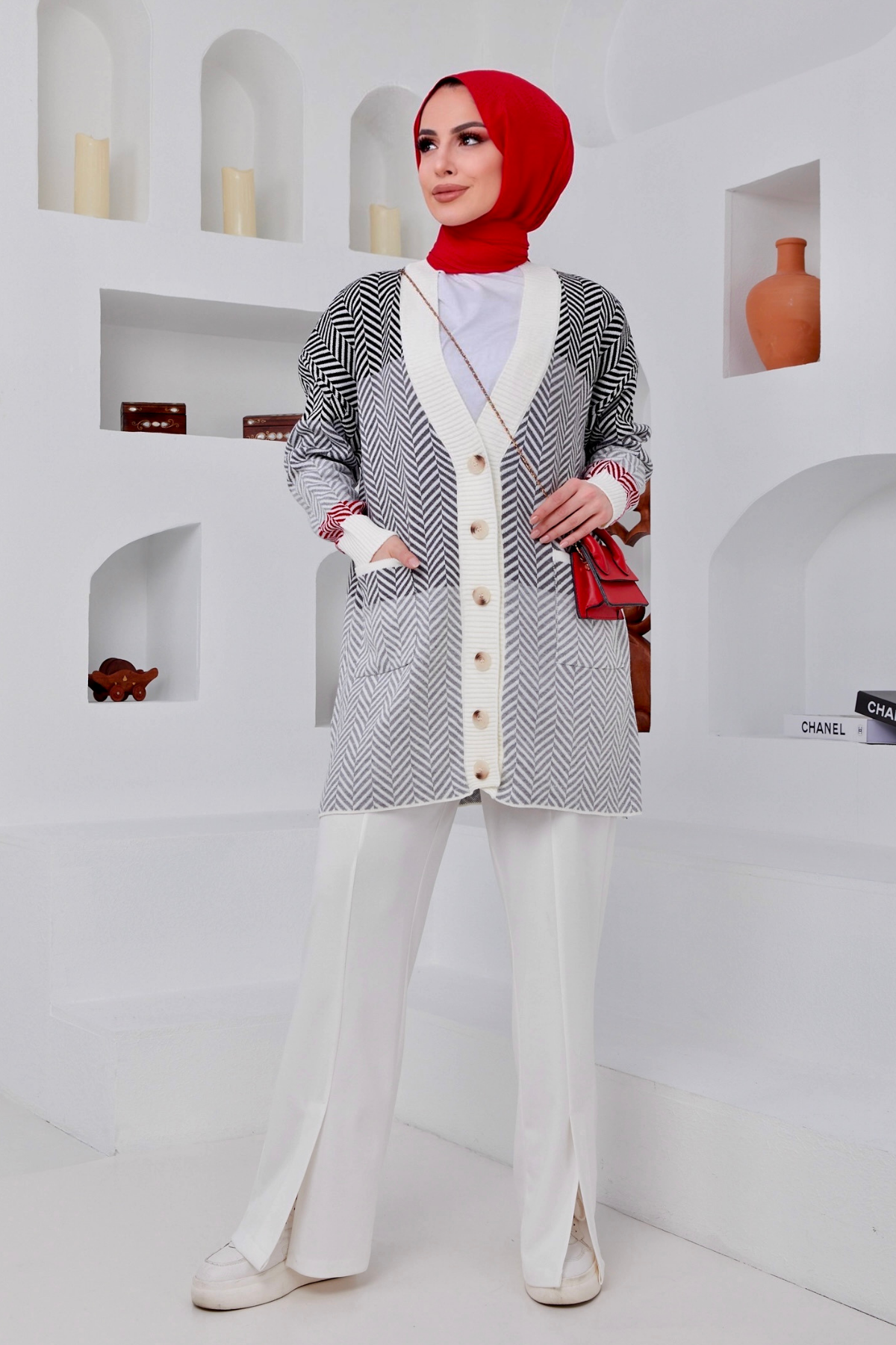Zigzag Desen Cepli Hırka SİYAH