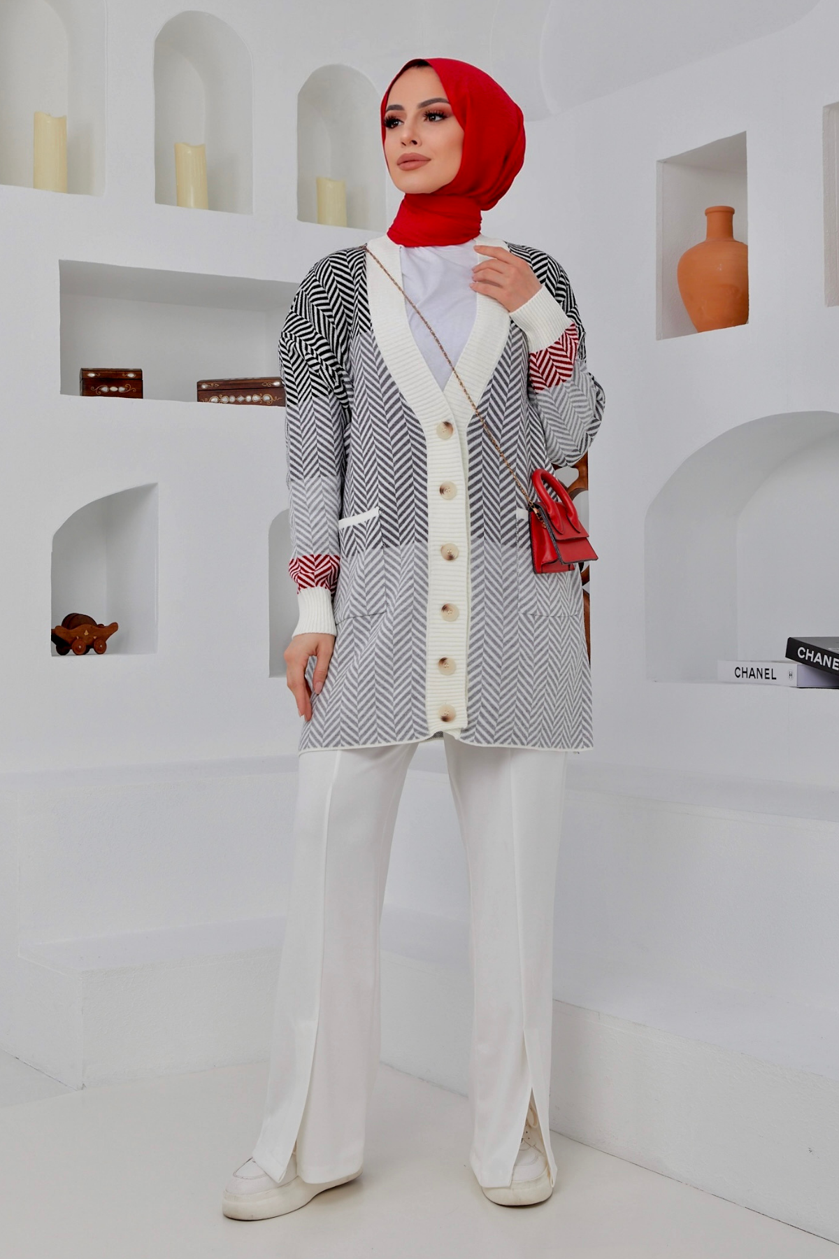 Zigzag Desen Cepli Hırka SİYAH
