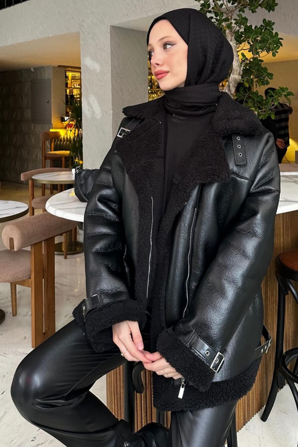 Zra Deri Kürklü Biker Mont SİYAH