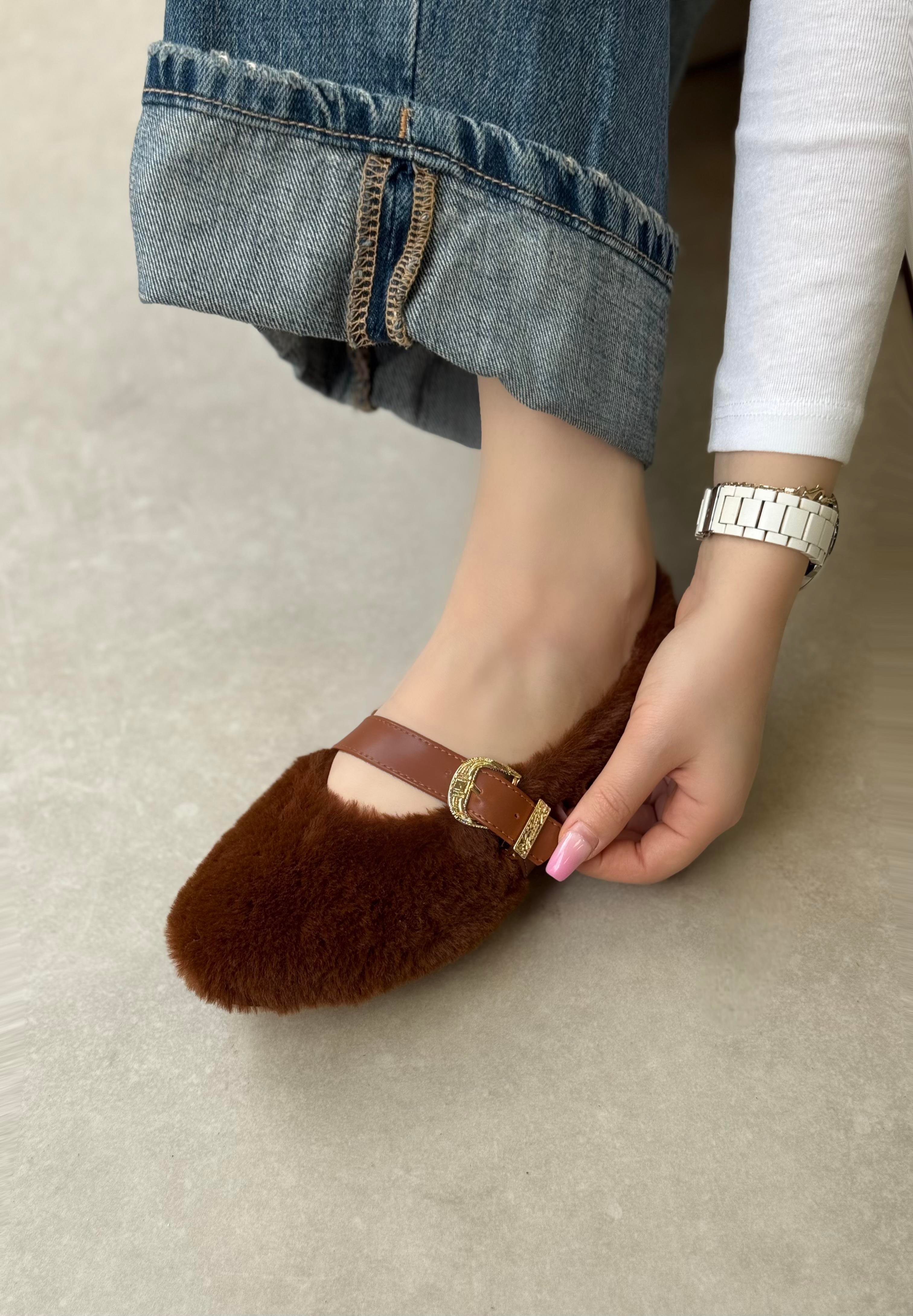 Poppy Tokalı Peluş Taba Babet 