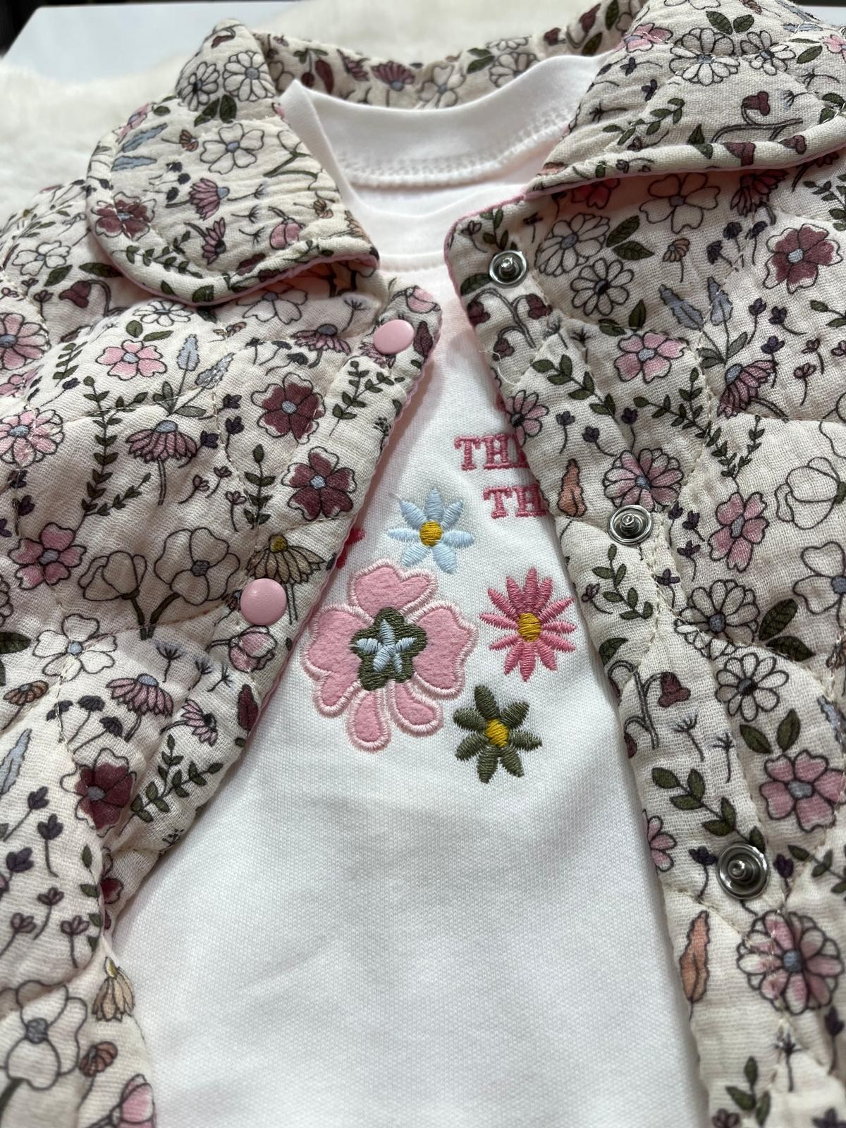  çiçek desenli kız bebek ceketli üçlü takım