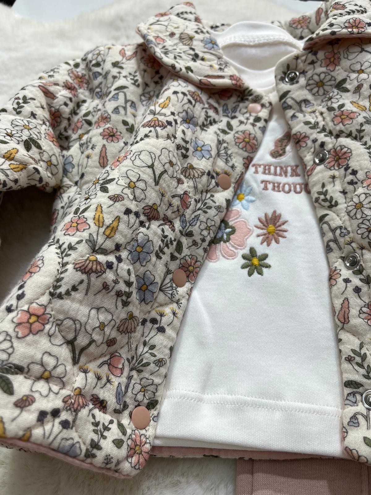  çiçek desenli kız bebek ceketli üçlü takım