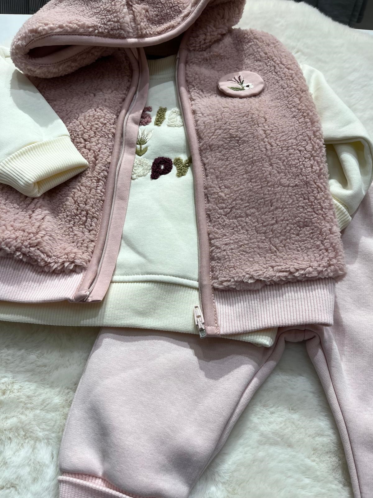  ÇİÇEK NAKIŞLI PELUŞ YELEKLİ KIZ BEBEK TAKIM
