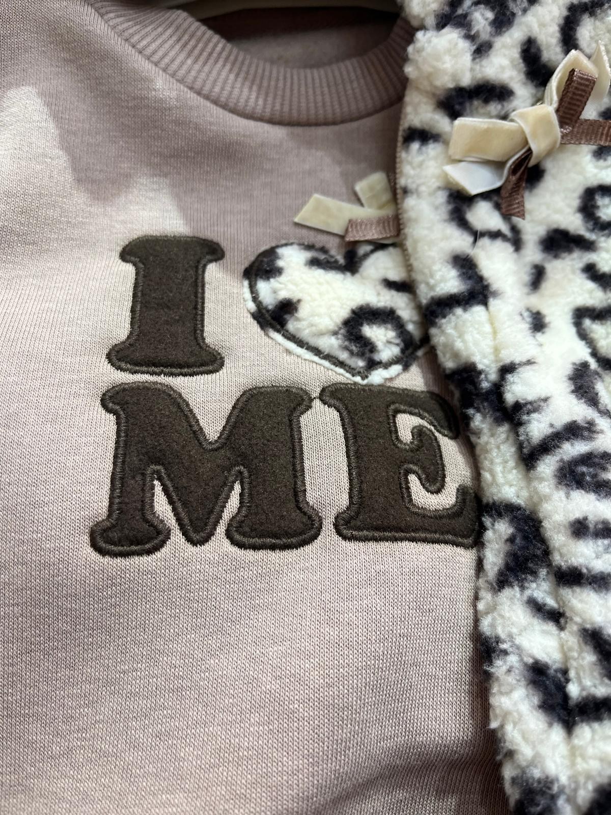  leopar desenli peluş ceketli kız bebek üçlü takım