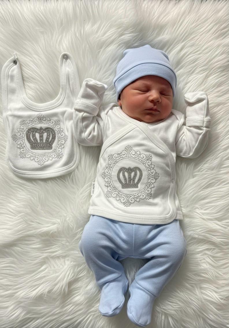  PARLAK PRENS TAÇ BASKILI MAVİ ERKEK BEBEK BEŞLİ YENİ DOĞAN