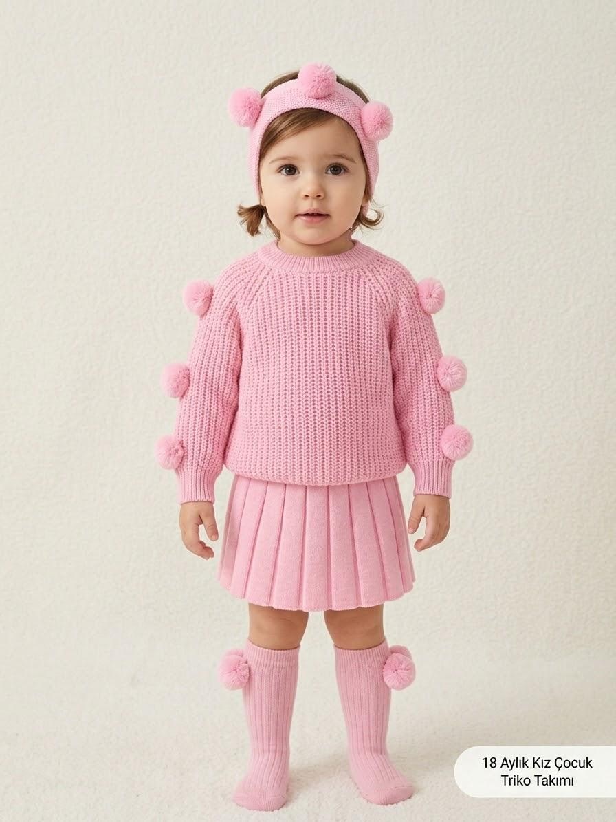  PONPON DETAYLI ETEĞİ PİLELİ KIZ BEBEK TRİKO TAKIM