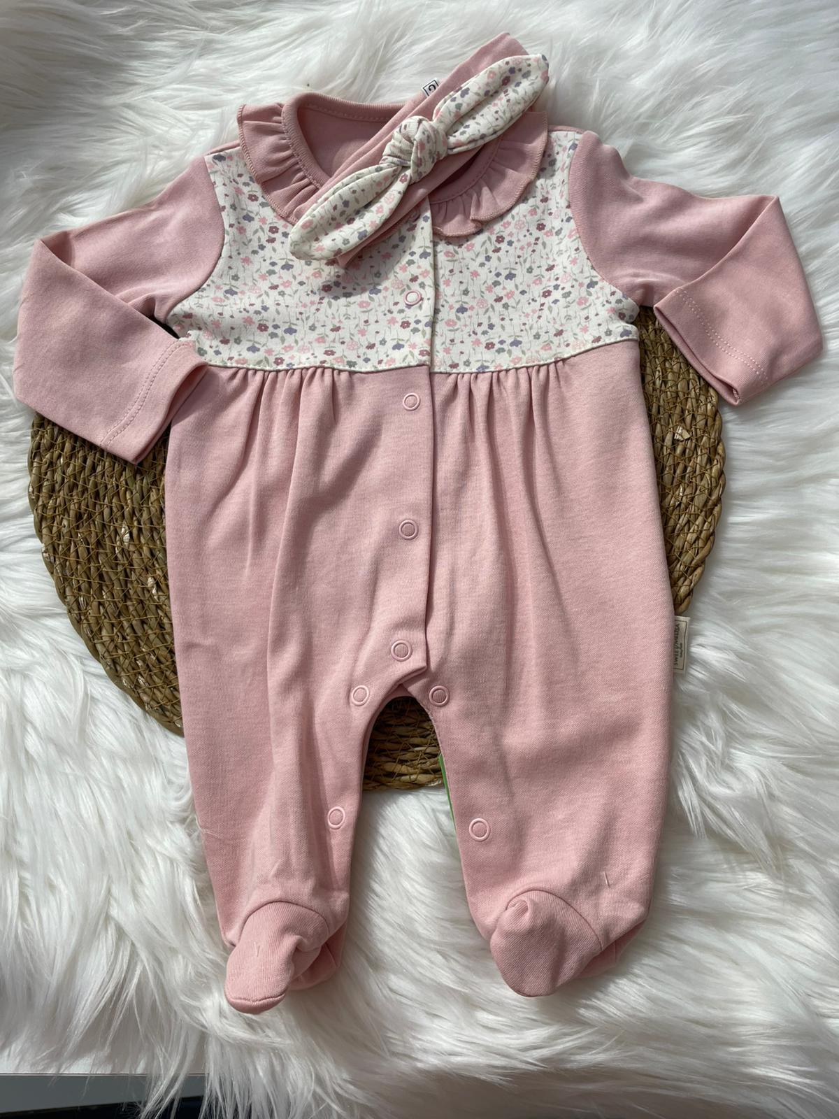 BEBEK BEBE YAKA PEMBE BANDANALI ÇİÇEKLİ PATİKLİ TULUM