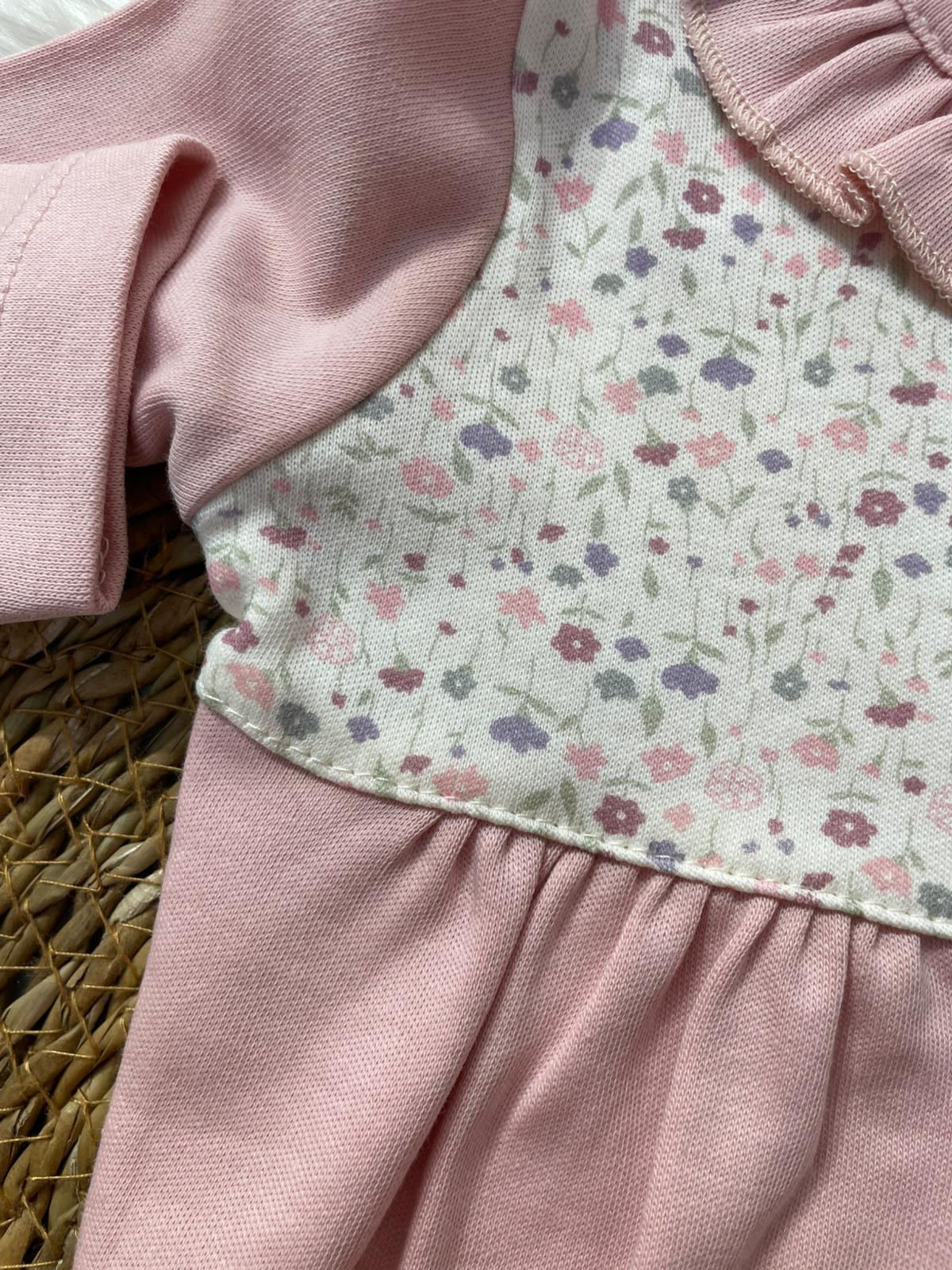 BEBEK BEBE YAKA PEMBE BANDANALI ÇİÇEKLİ PATİKLİ TULUM