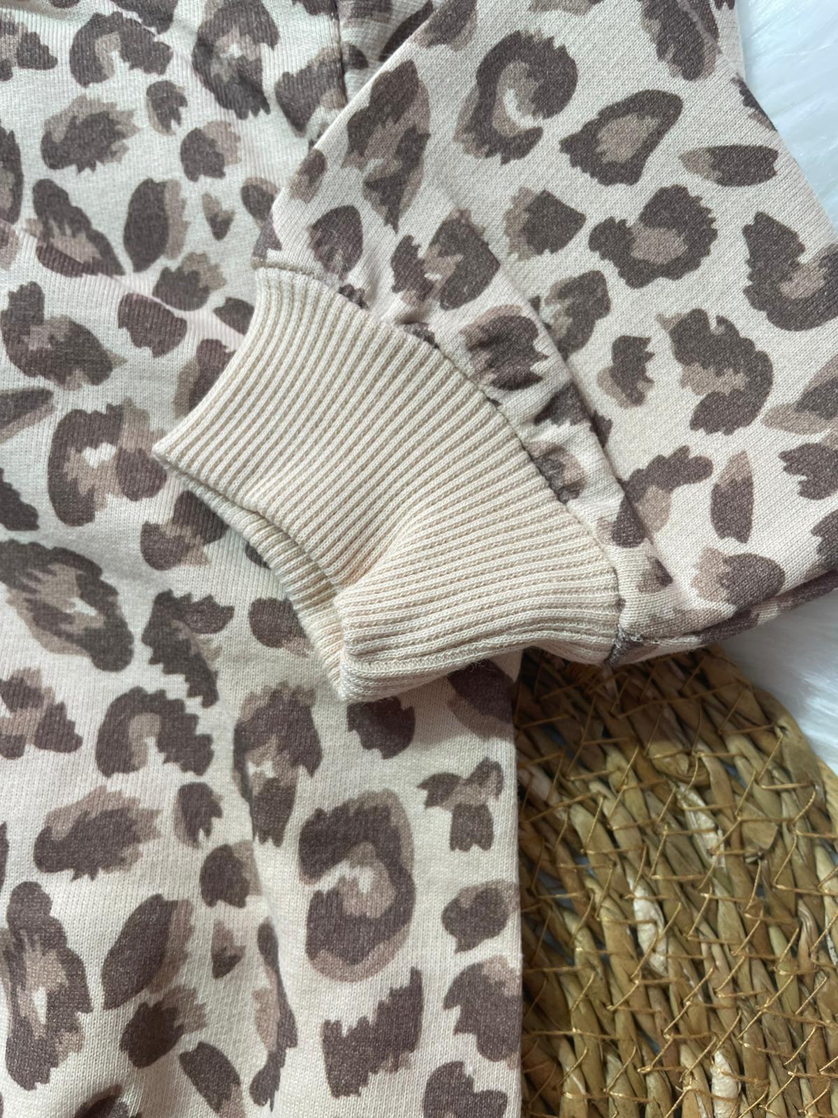 BEBEK KAHVE KADİFE KAPİŞONLU CEKETLİ LEOPAR DESENLİ ALT ÜST TAKIM