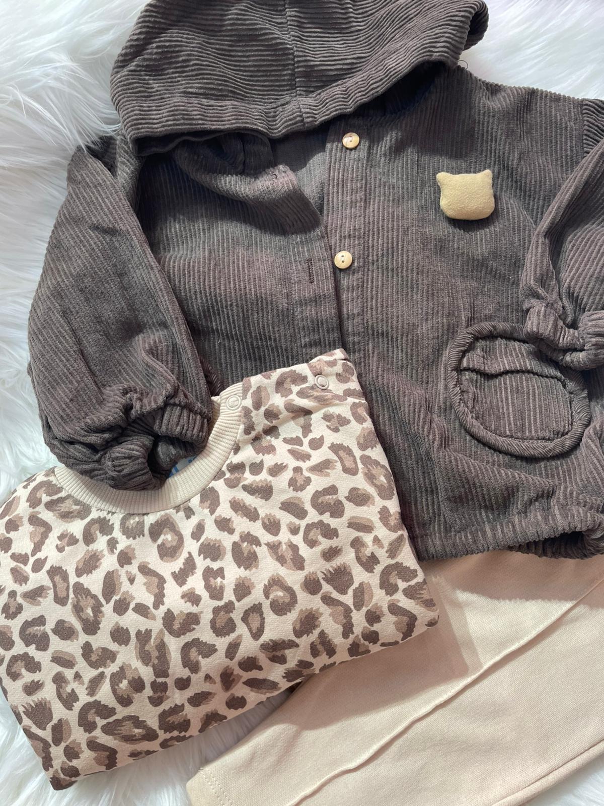 BEBEK KAHVE KADİFE KAPİŞONLU CEKETLİ LEOPAR DESENLİ ALT ÜST TAKIM