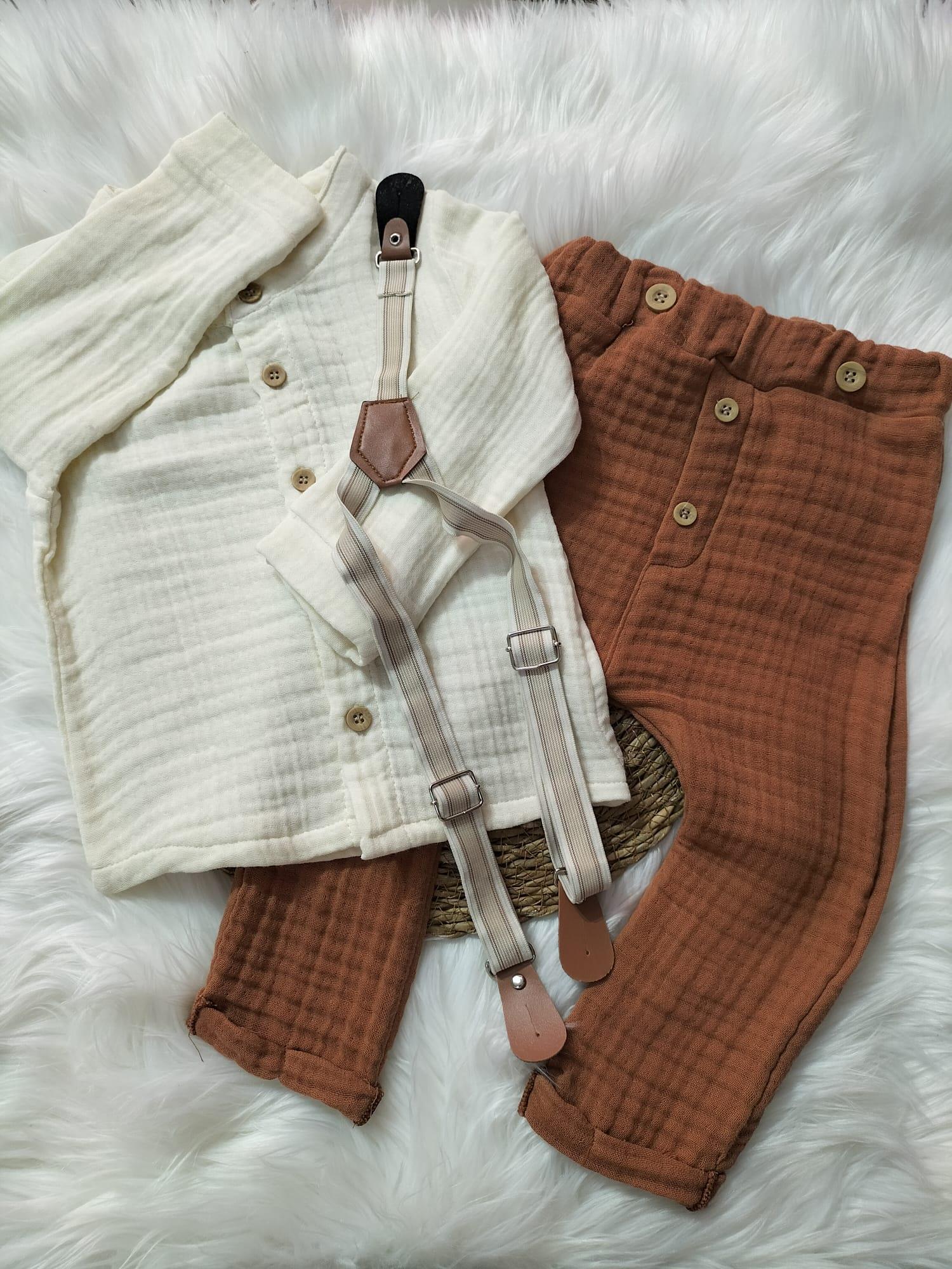 BEBEK MÜSLİN KREM GÖMLEKLİ KİREMİT PANTALONLU ASKILI 3'LÜ BEBEK TAKIM