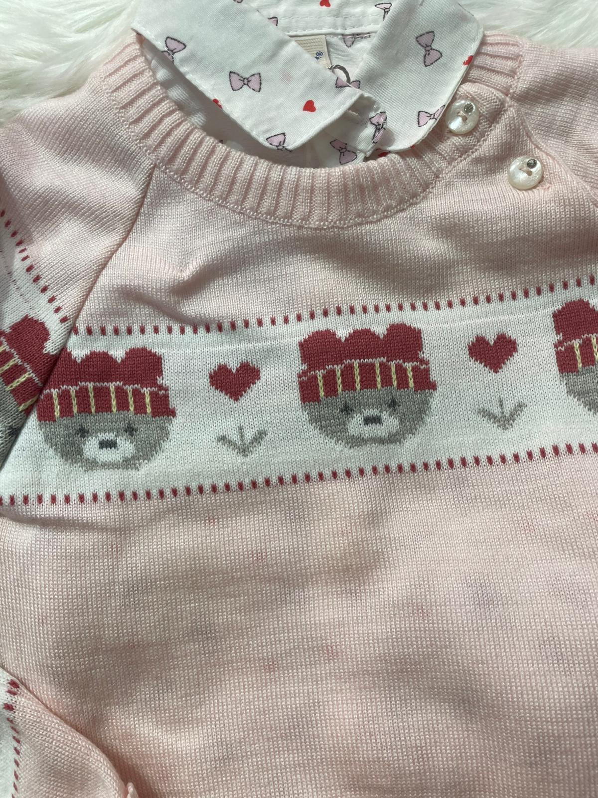 BEBEK PEMBE ŞAPKALI AYICIK DETAYLI GÖMLEKLİ PANTALONLU TAKIM