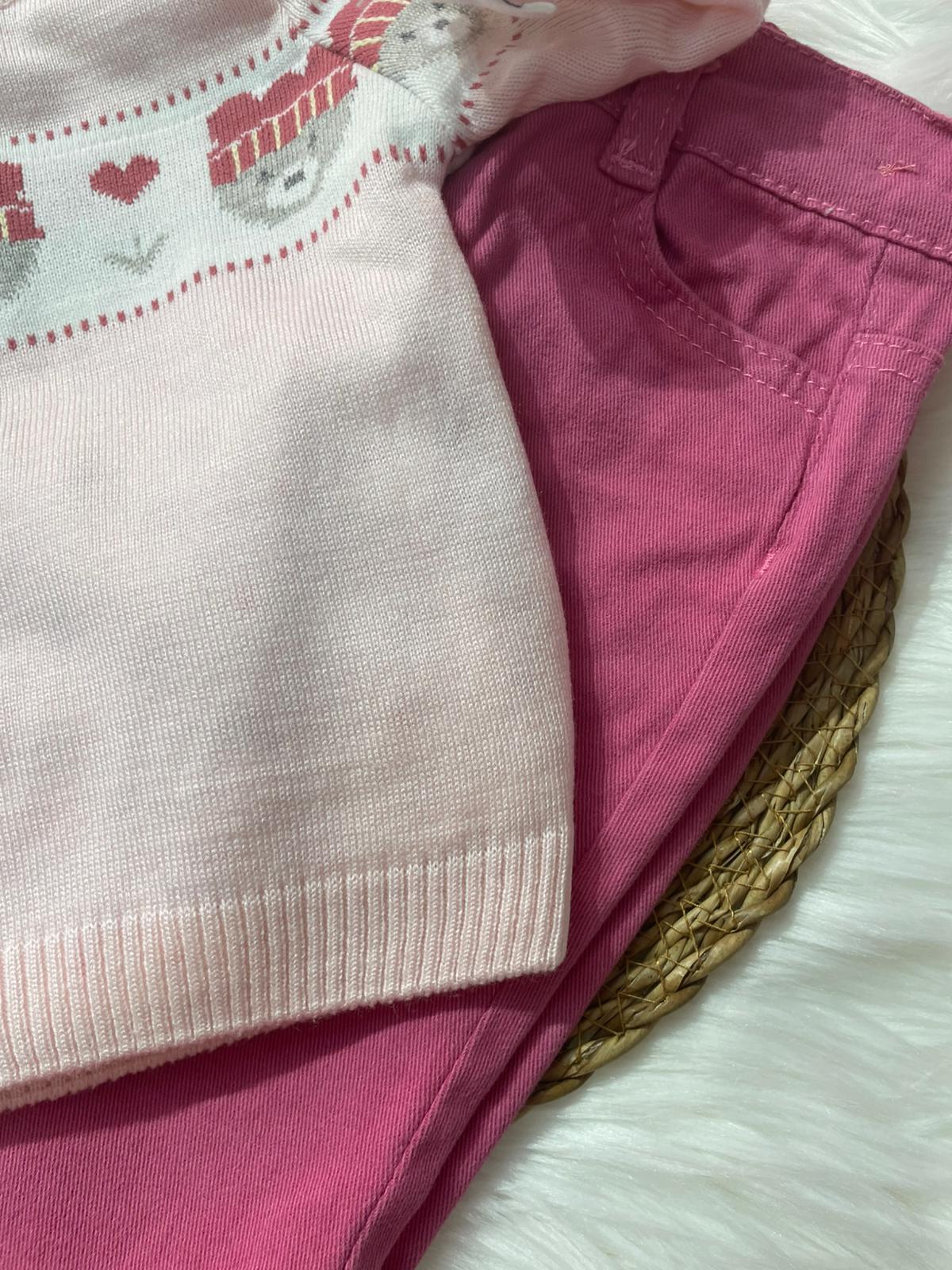 BEBEK PEMBE ŞAPKALI AYICIK DETAYLI GÖMLEKLİ PANTALONLU TAKIM