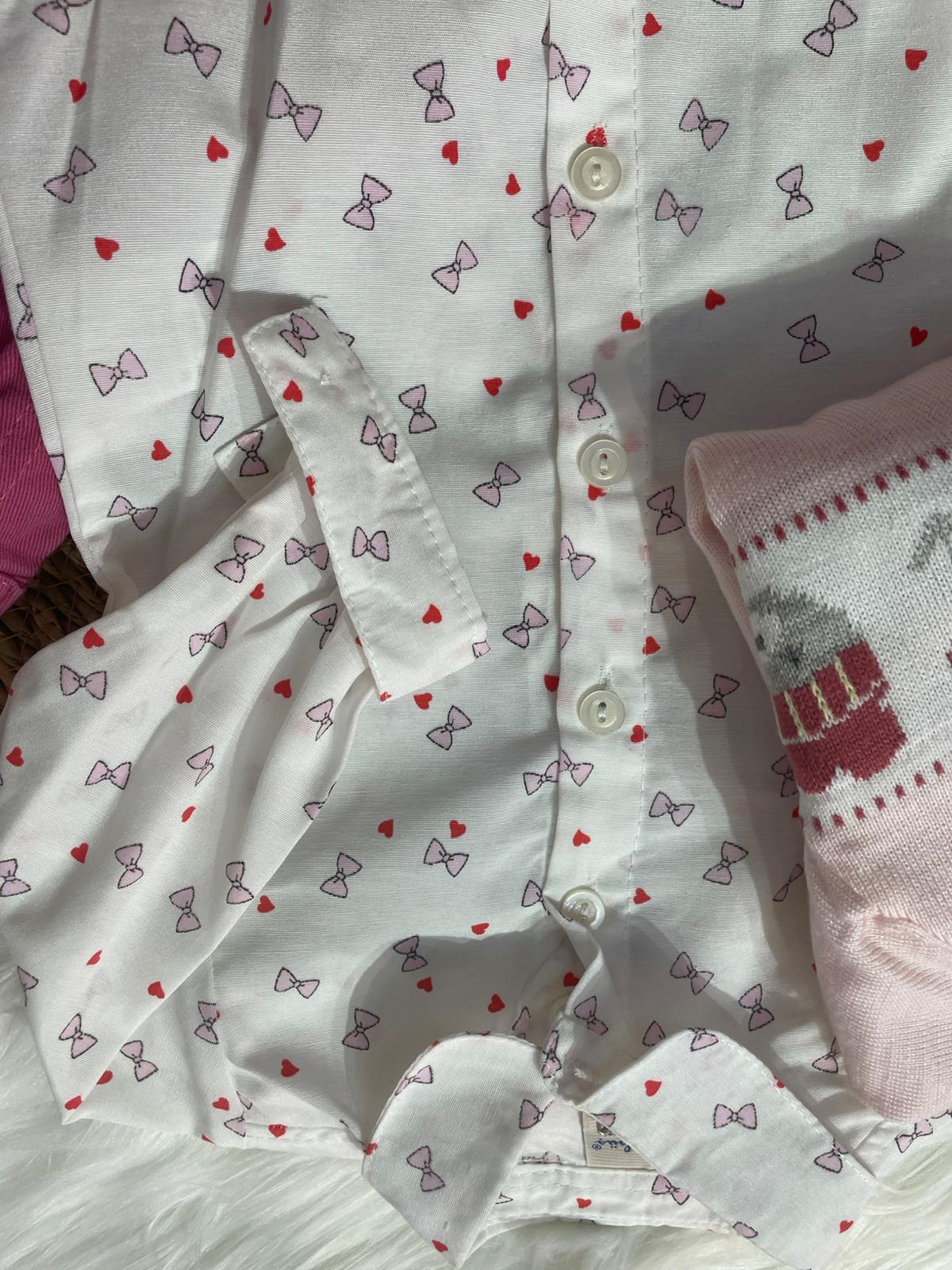 BEBEK PEMBE ŞAPKALI AYICIK DETAYLI GÖMLEKLİ PANTALONLU TAKIM