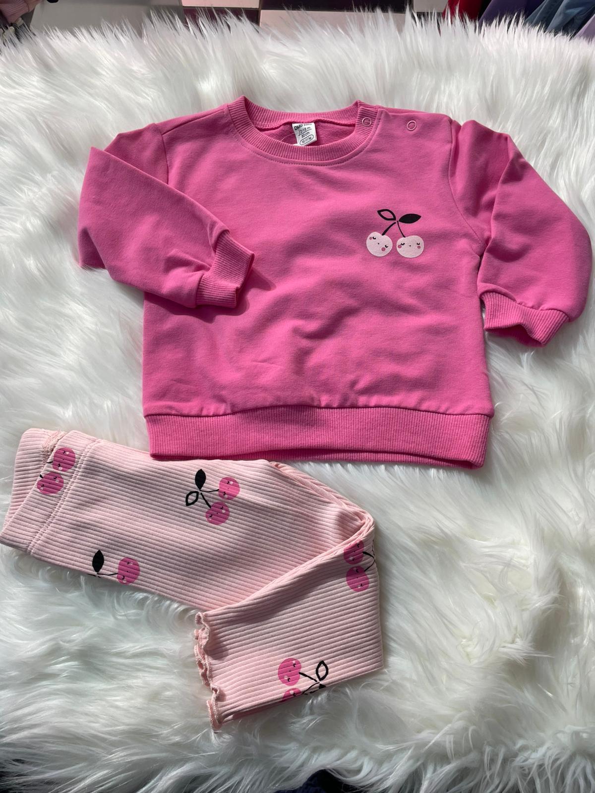 KIZ BEBEK KİRAZ DESENLİ PEMBE ALT ÜST TAKIM 