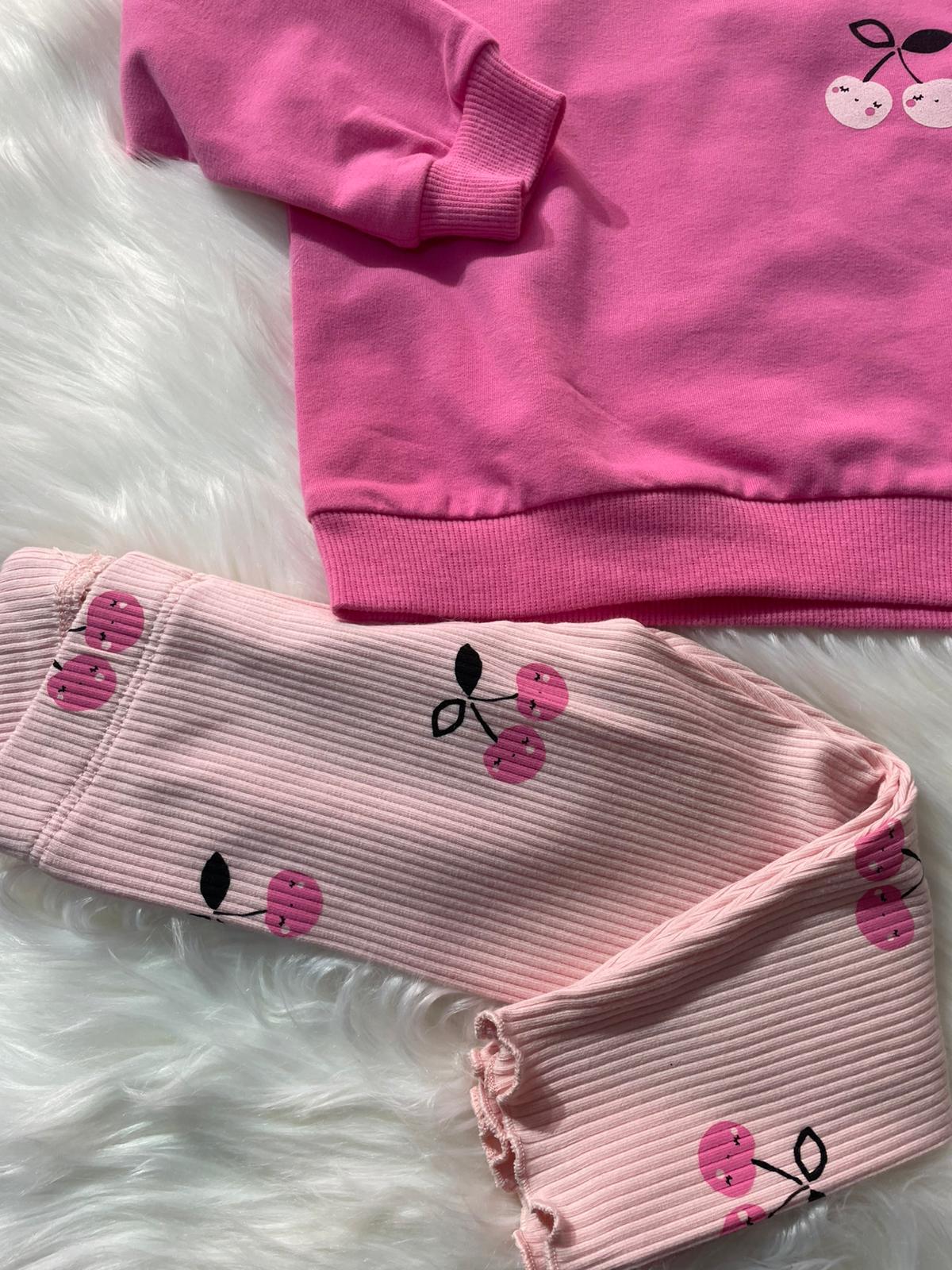 KIZ BEBEK KİRAZ DESENLİ PEMBE ALT ÜST TAKIM 