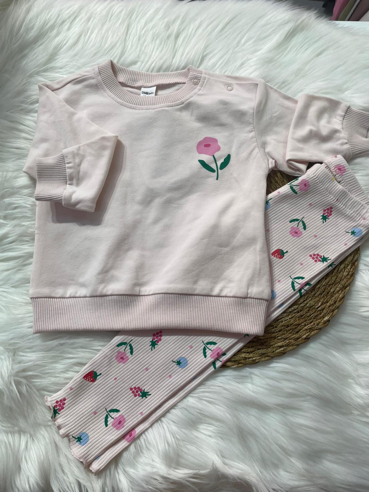 PEMBE PAMUKLU ÇİÇEK DETAYLI ALTI FİTİLLİ ALT ÜST TAKIM