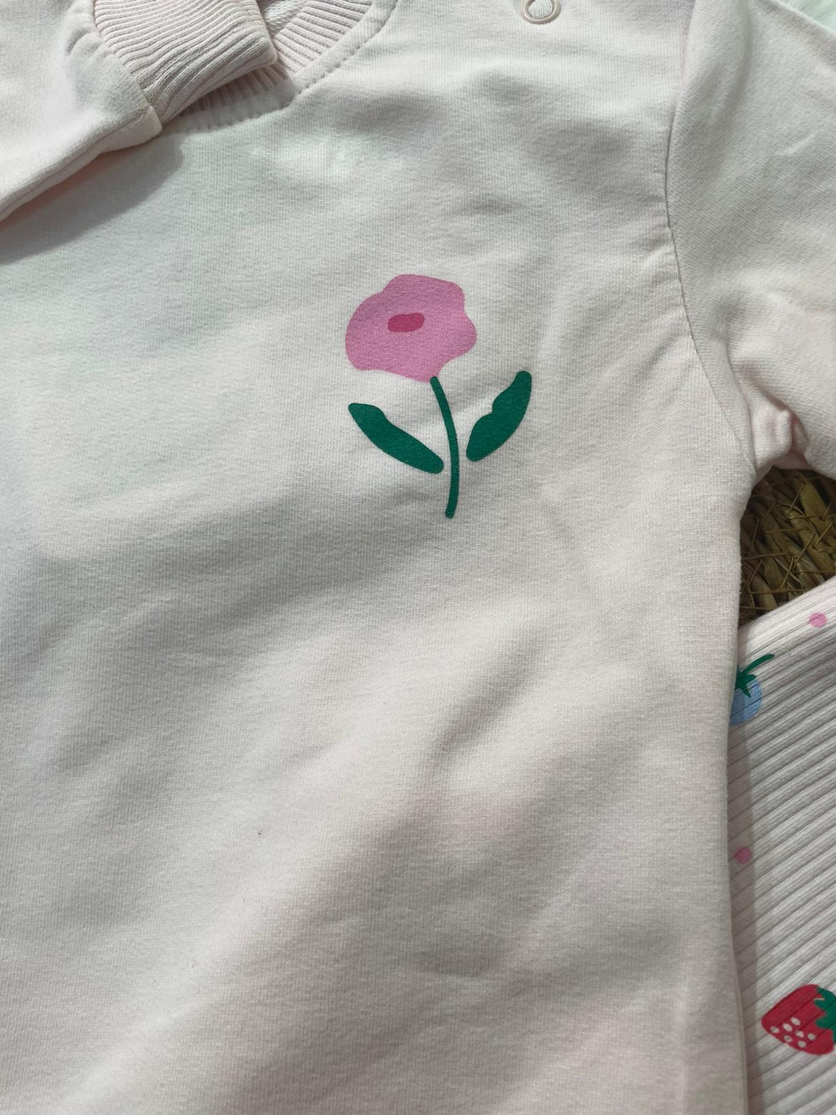 PEMBE PAMUKLU ÇİÇEK DETAYLI ALTI FİTİLLİ ALT ÜST TAKIM
