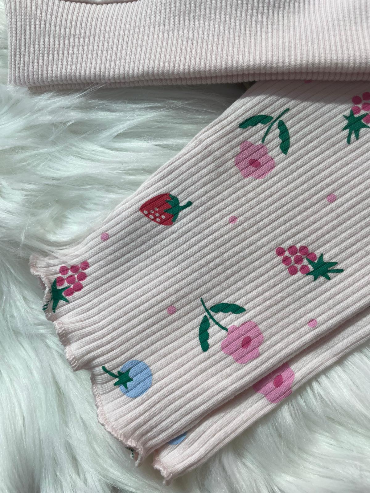 PEMBE PAMUKLU ÇİÇEK DETAYLI ALTI FİTİLLİ ALT ÜST TAKIM