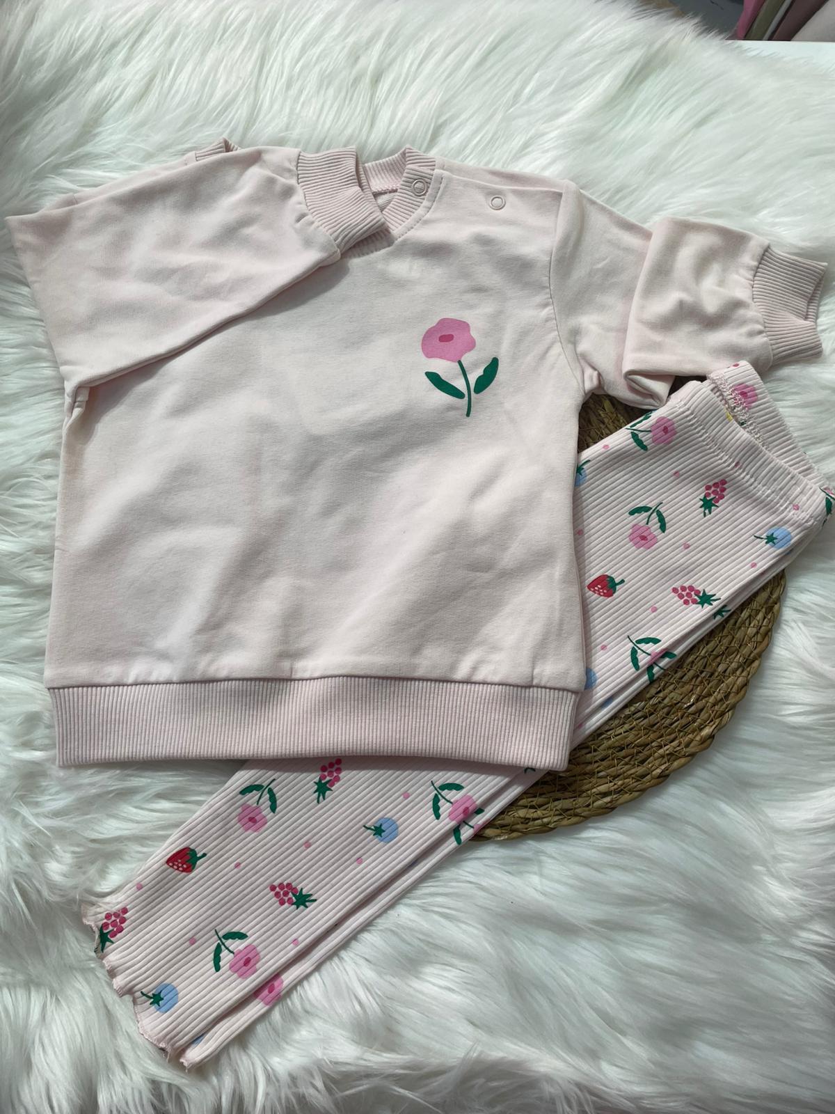 PEMBE PAMUKLU ÇİÇEK DETAYLI ALTI FİTİLLİ ALT ÜST TAKIM