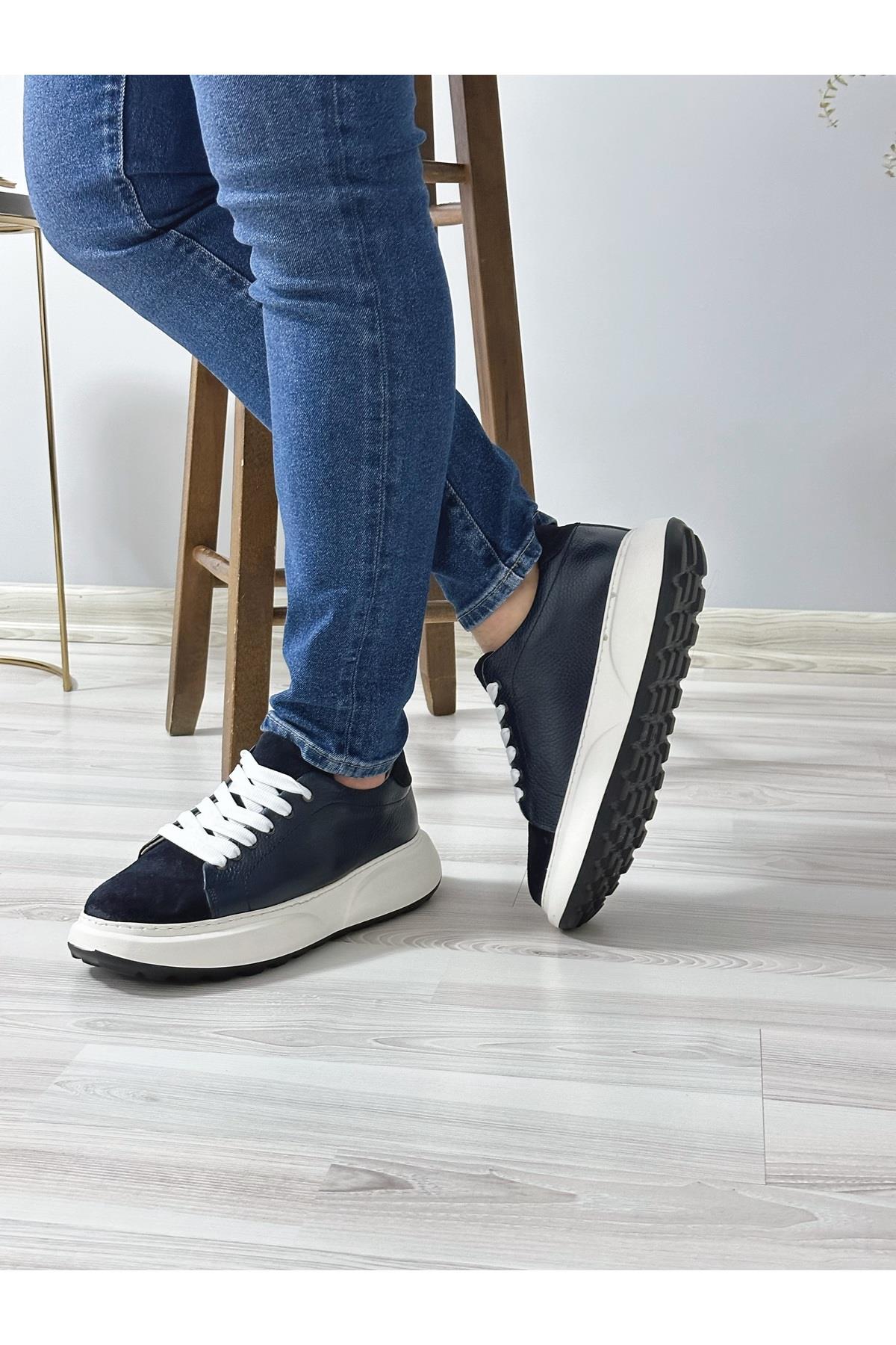 Lacivert Hakiki Deri Yüksek Taban Sneaker Erkek Ayakkabı