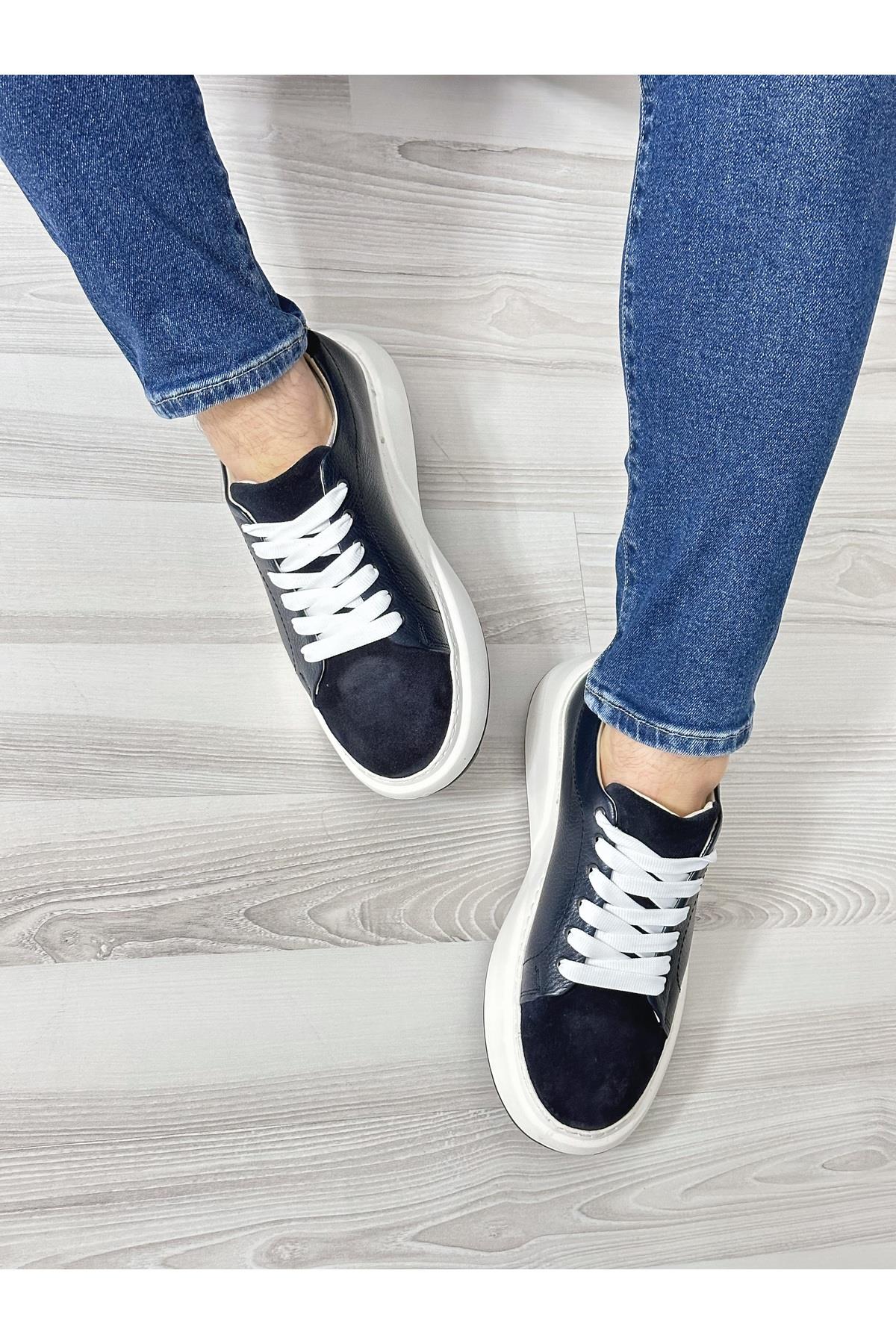 Lacivert Hakiki Deri Yüksek Taban Sneaker Erkek Ayakkabı
