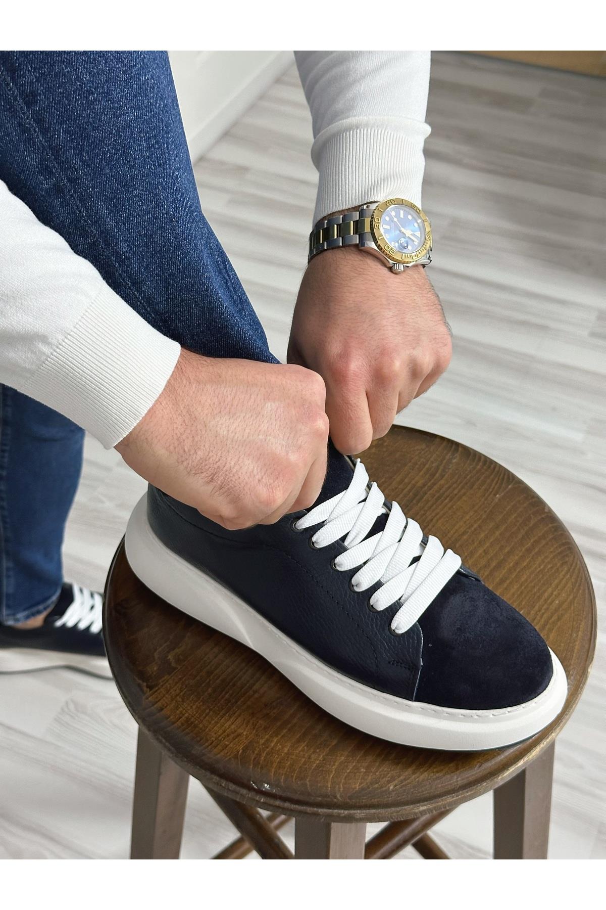 Lacivert Hakiki Deri Yüksek Taban Sneaker Erkek Ayakkabı