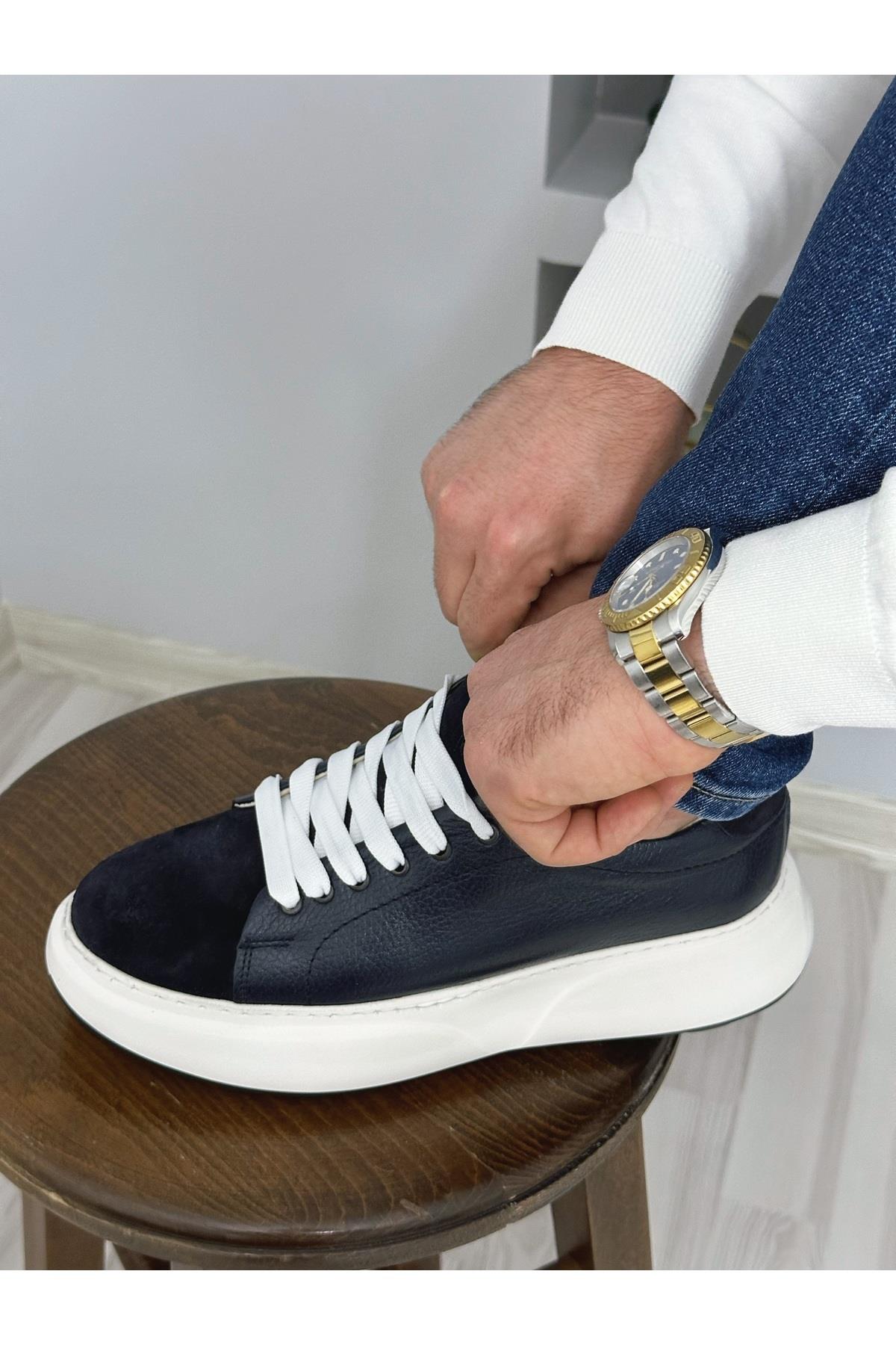 Lacivert Hakiki Deri Yüksek Taban Sneaker Erkek Ayakkabı