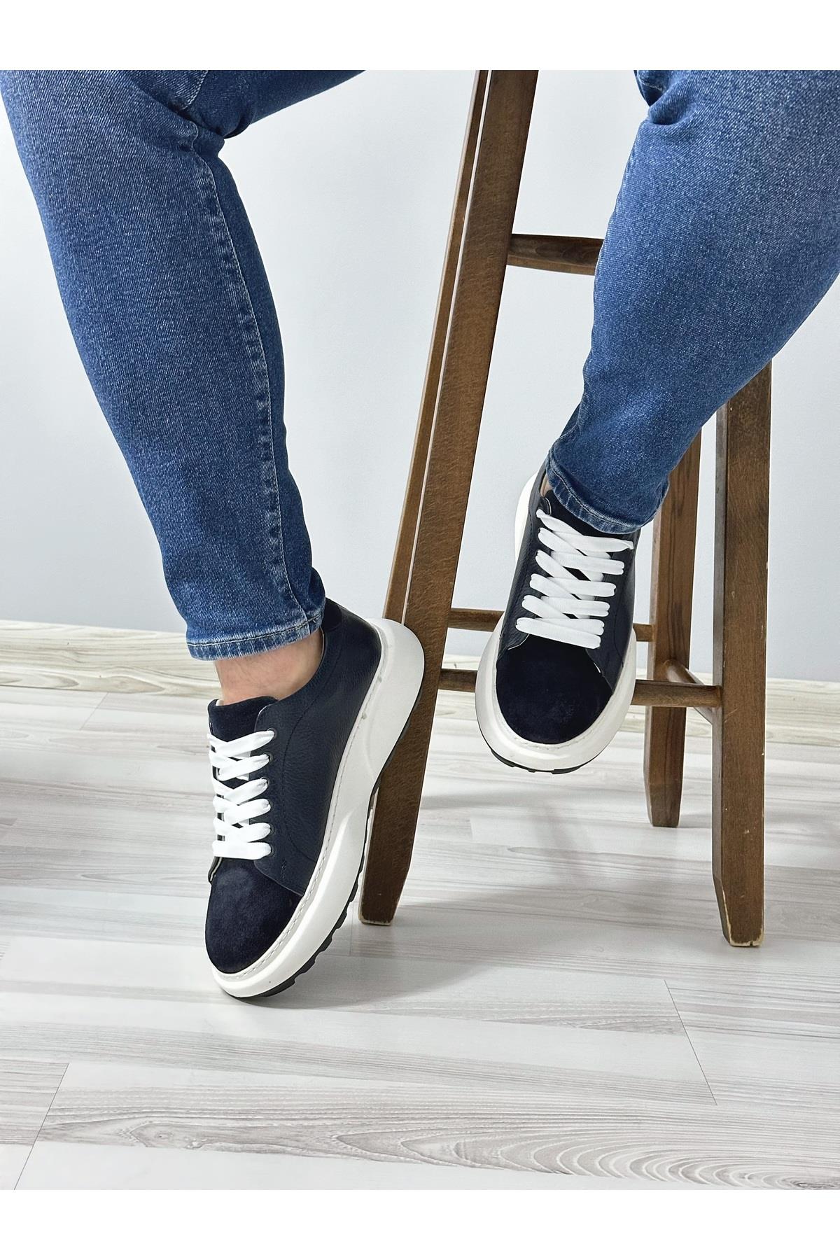 Lacivert Hakiki Deri Yüksek Taban Sneaker Erkek Ayakkabı