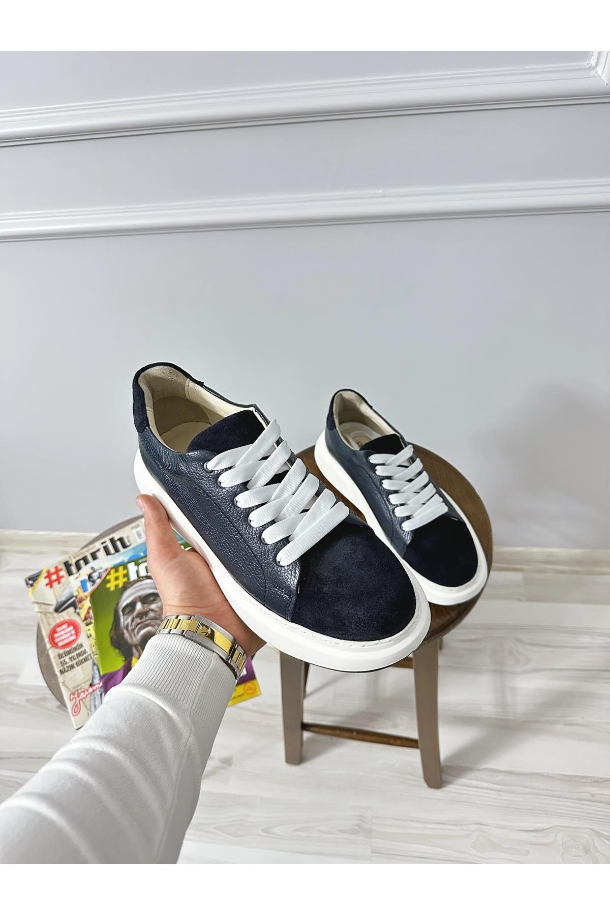 Lacivert Hakiki Deri Yüksek Taban Sneaker Erkek Ayakkabı