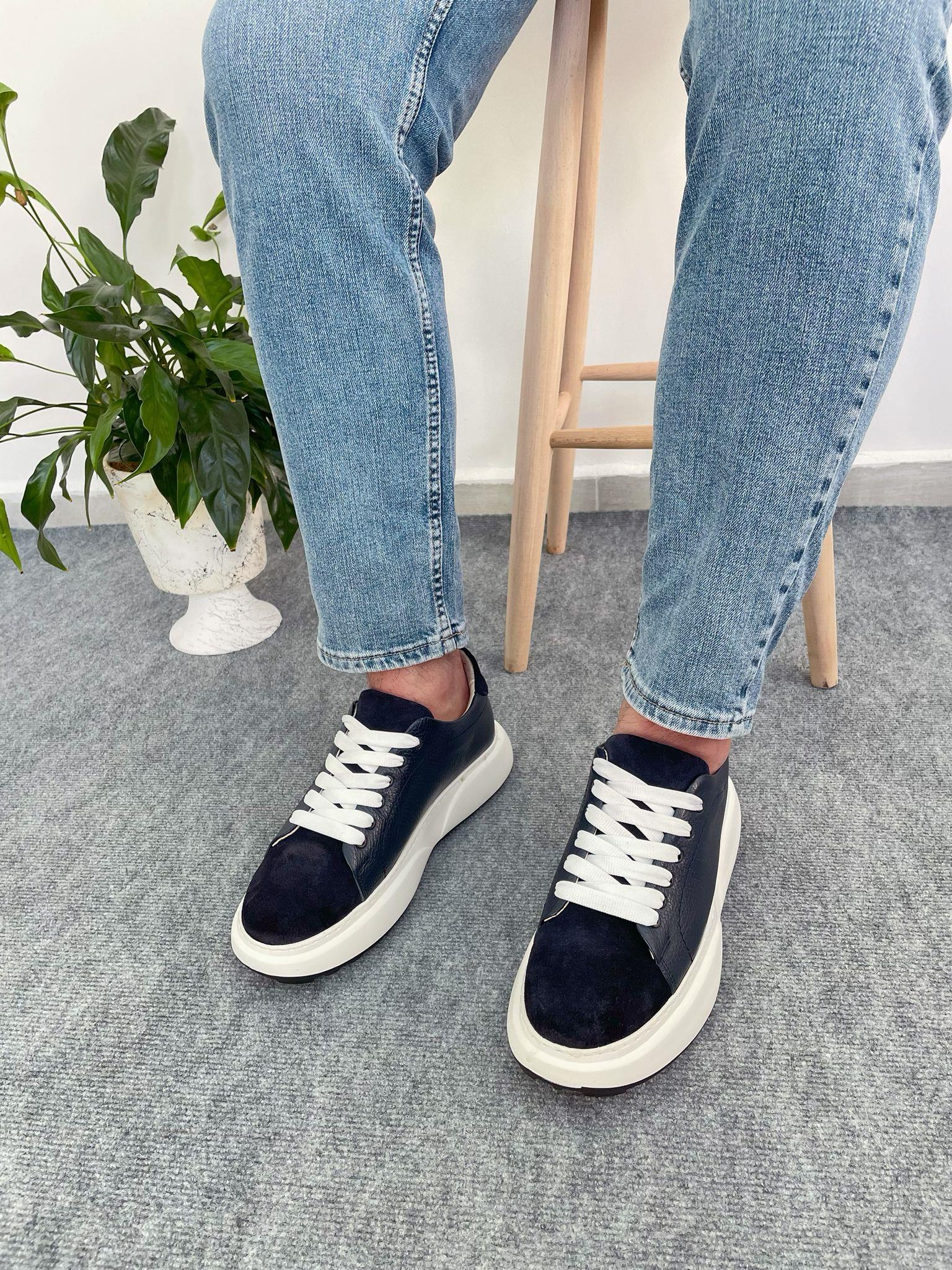 Lacivert Hakiki Deri Yüksek Taban Sneaker Erkek Ayakkabı