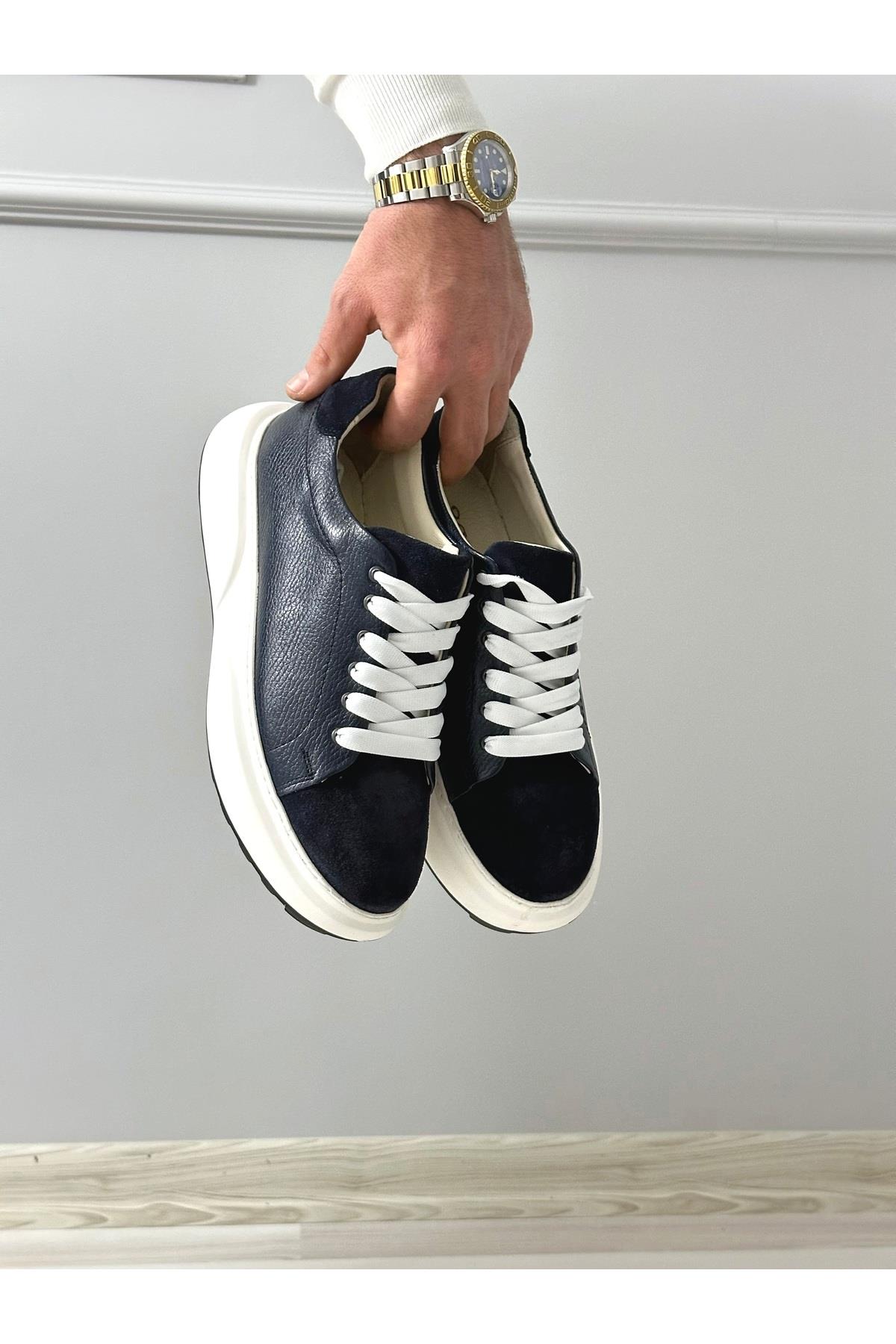 Lacivert Hakiki Deri Yüksek Taban Sneaker Erkek Ayakkabı