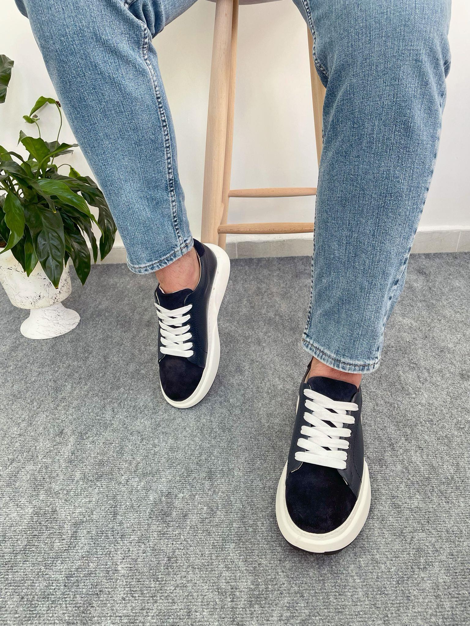 Lacivert Hakiki Deri Yüksek Taban Sneaker Erkek Ayakkabı