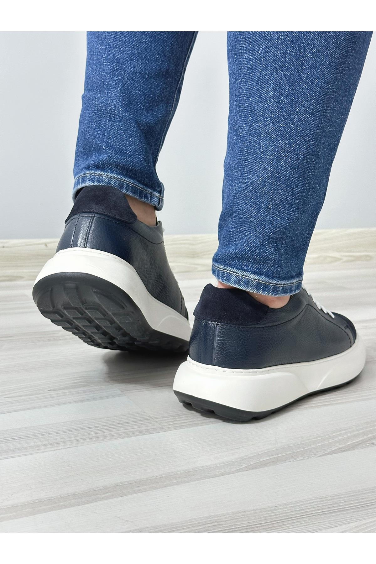 Lacivert Hakiki Deri Yüksek Taban Sneaker Erkek Ayakkabı