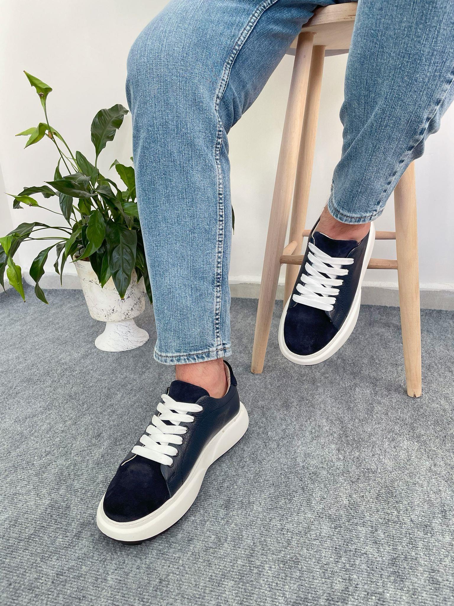 Lacivert Hakiki Deri Yüksek Taban Sneaker Erkek Ayakkabı