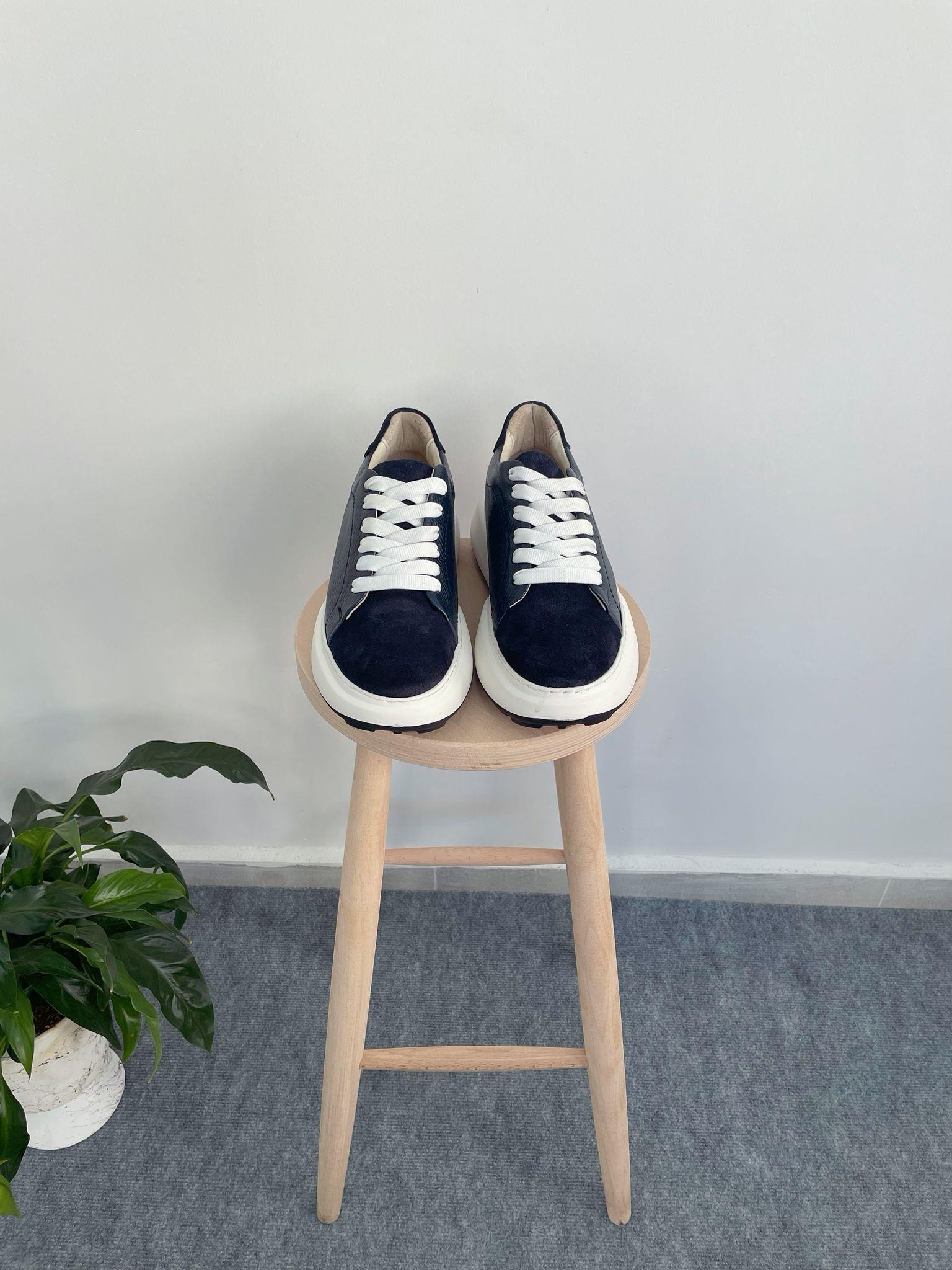 Lacivert Hakiki Deri Yüksek Taban Sneaker Erkek Ayakkabı